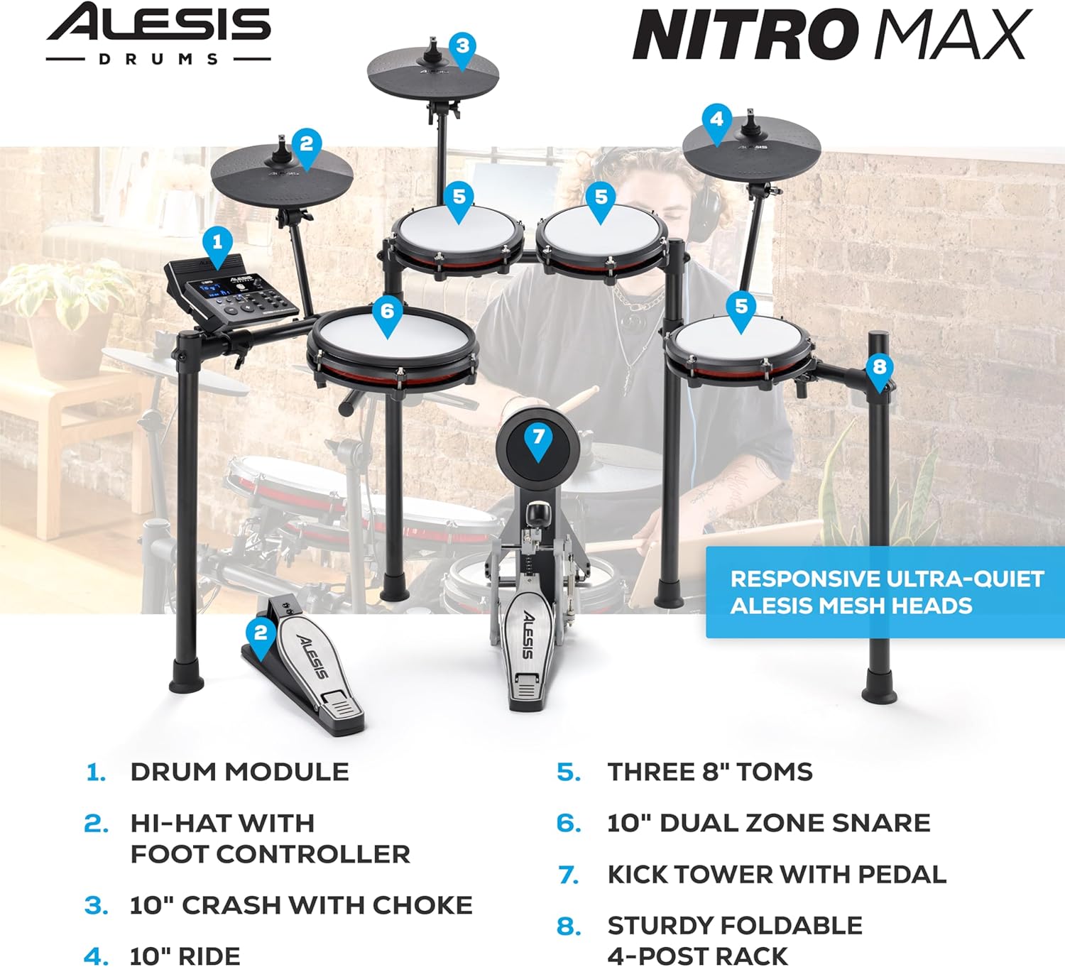 Alesis Nitro Max Kit Compact Electric Drum Kit with Quiet Mesh Pads, 10" Dual-Zone Snare, Bluetooth, 440+ BFD Sounds, Drumeo, USB MIDI, Kick Pedal