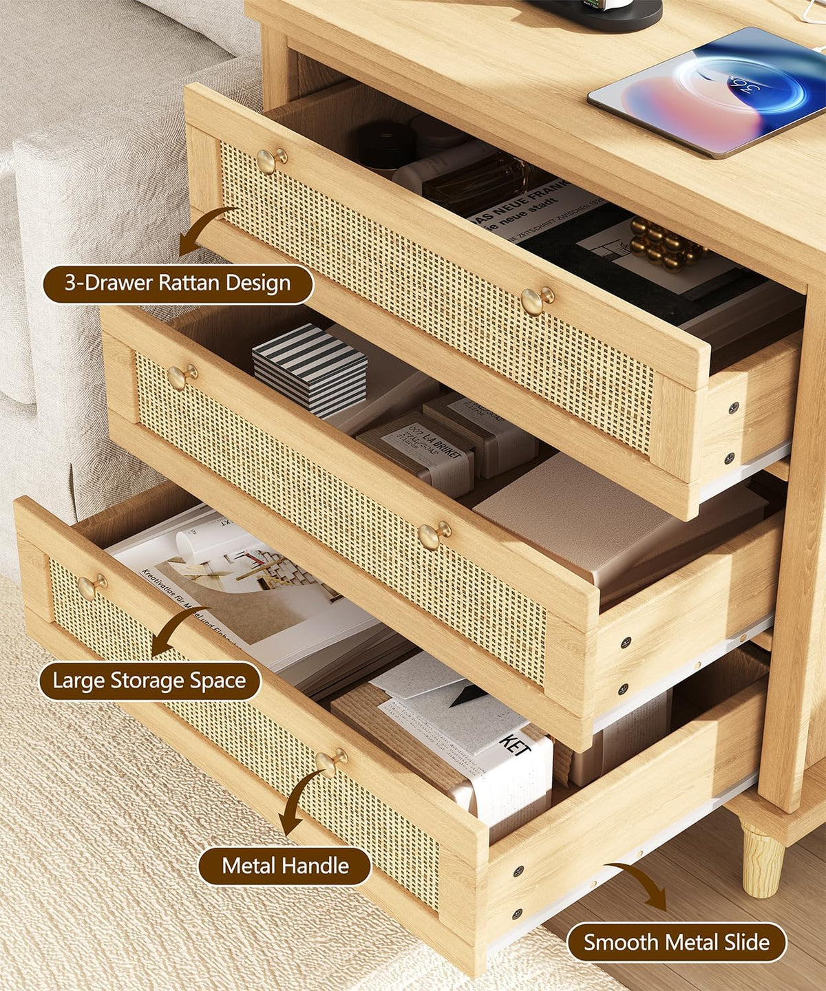 Keehusux 27.6" W Rattan Nightstand with 3 Drawers, Large Night Stand with Charging Station, Boho Bedside Table with Round Handles, Wooden End Table for Bedroom, Natural Oak