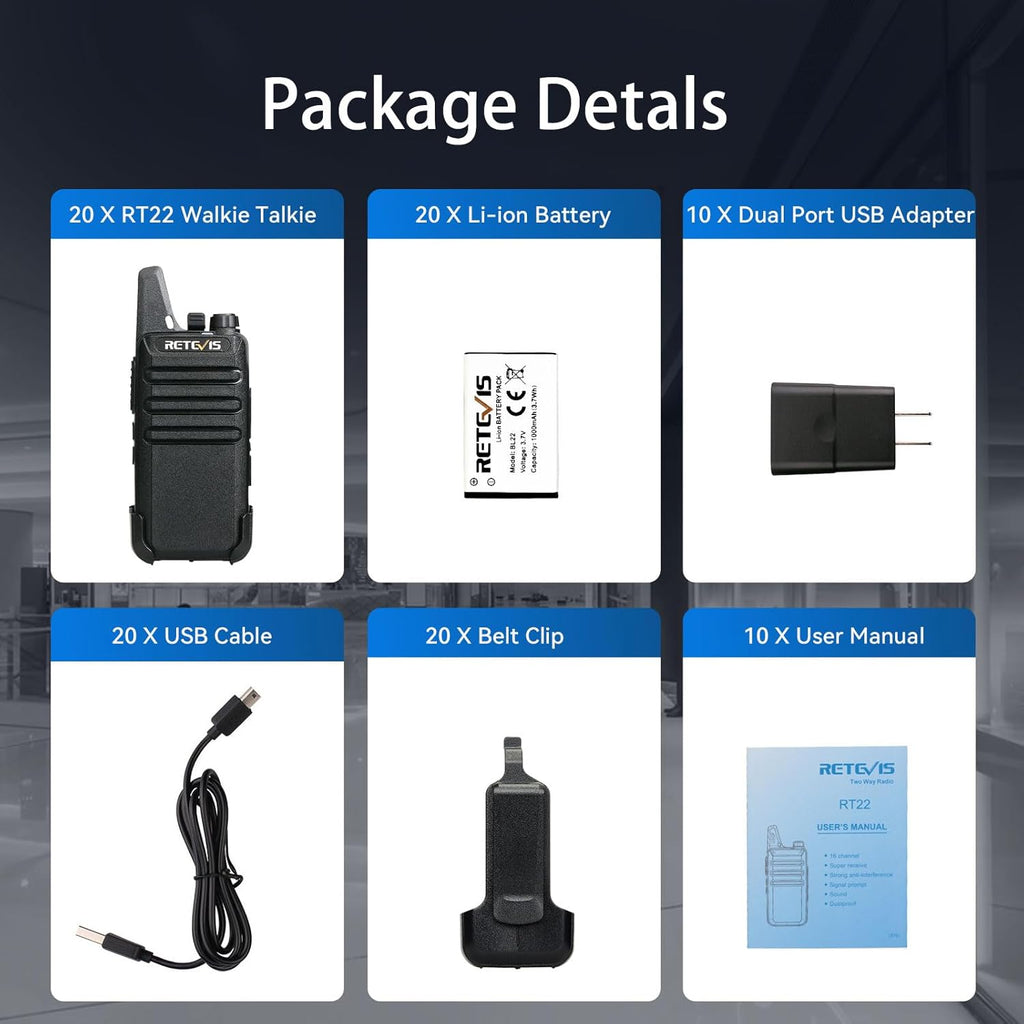 Retevis RT22 Walkie Talkies Mini, Rechargeable Two Way Radio Long Range, 2 Way Radio Small, Portable VOX, for Business Commercial Work School Church Restaurant (20 Pack,Black)