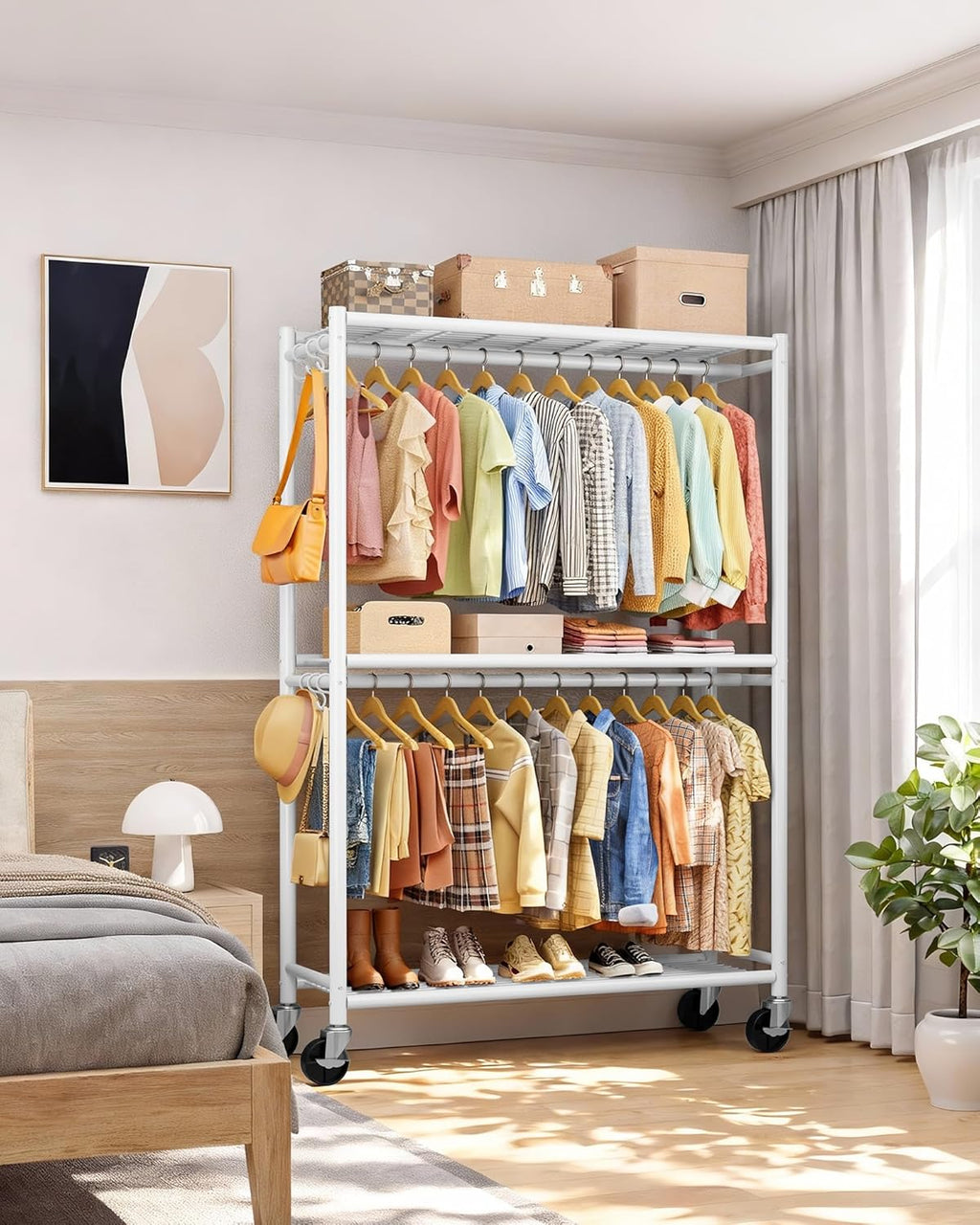Sakugi Clothes Rack - Double Hanging Rod Clothing Rack with Wheels & Leveling Feet, Large Capacity Wardrobe Closet with Shelves for Bedroom, Laundry Room, Entryway, 45.2" x 12.6" x 80.7", White