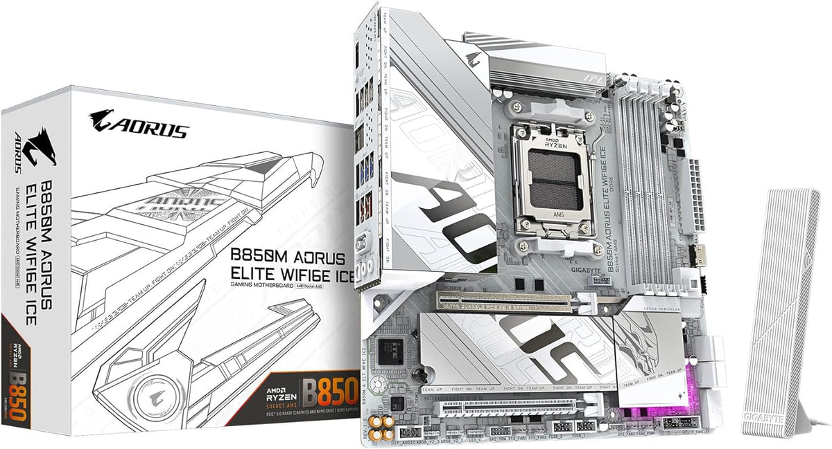 GIGABYTE B850M AORUS Elite WIFI6E ICE AMD AM5 mATX Motherboard, Support AMD Ryzen 9000/8000/7000 Series, DDR5, 12+2+2 Power Phase, 2X M.2, PCIe 5.0, USB-C, WIFI6E, 2.5GbE, EZ-Latch, 5-Year Warranty