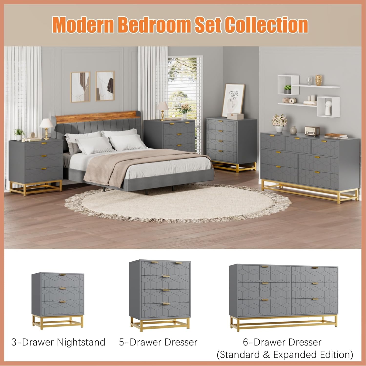 IDEALHOUSE Grey 7 Drawer Dresser for Bedroom, 53.5” Large Dresser with Metal Legs, Modern Chest Organizer with Wide Storage, Chest of Drawers for Bedroom, Living Room, Entryway