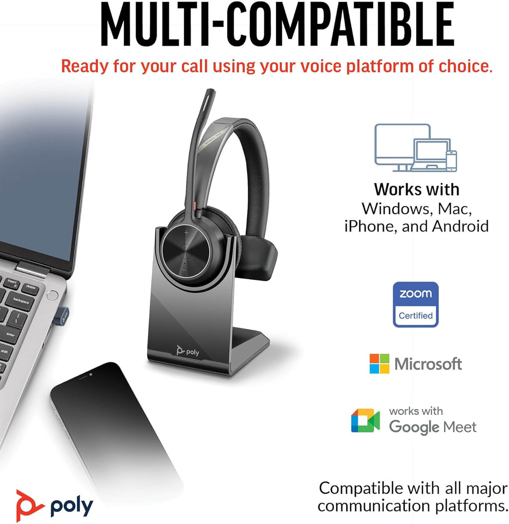 Poly Voyager 4310 UC Wireless Headset & Charge Stand (Plantronics) - Single-Ear Bluetooth Headset w/Noise-Canceling Boom Mic - Connect to PC/Mac/Mobile - Works w/Teams, Zoom, & More - Amazon Exclusive