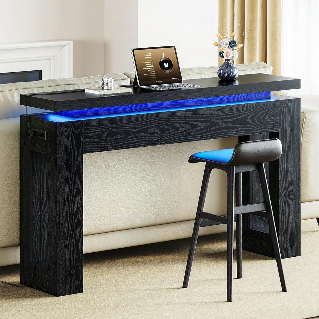 LIKIMIO Console Table with Drawers, Modern Entryway Table with LED Lights and Charging Station, Narrow Sofa Table with Storage Behind Couch for Entrance, Hallway, Living Room, Black