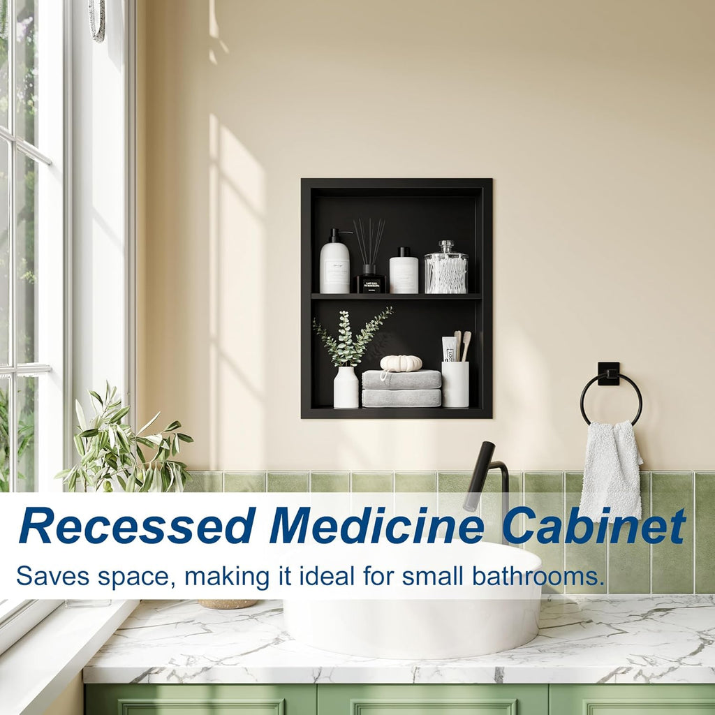Qeke 14x18 Medicine Cabinet Recessed, Medicine Cabinet Without Mirror, 304 Stainless Steel Medicine Wall Niche with Double Shelves, Matte Black
