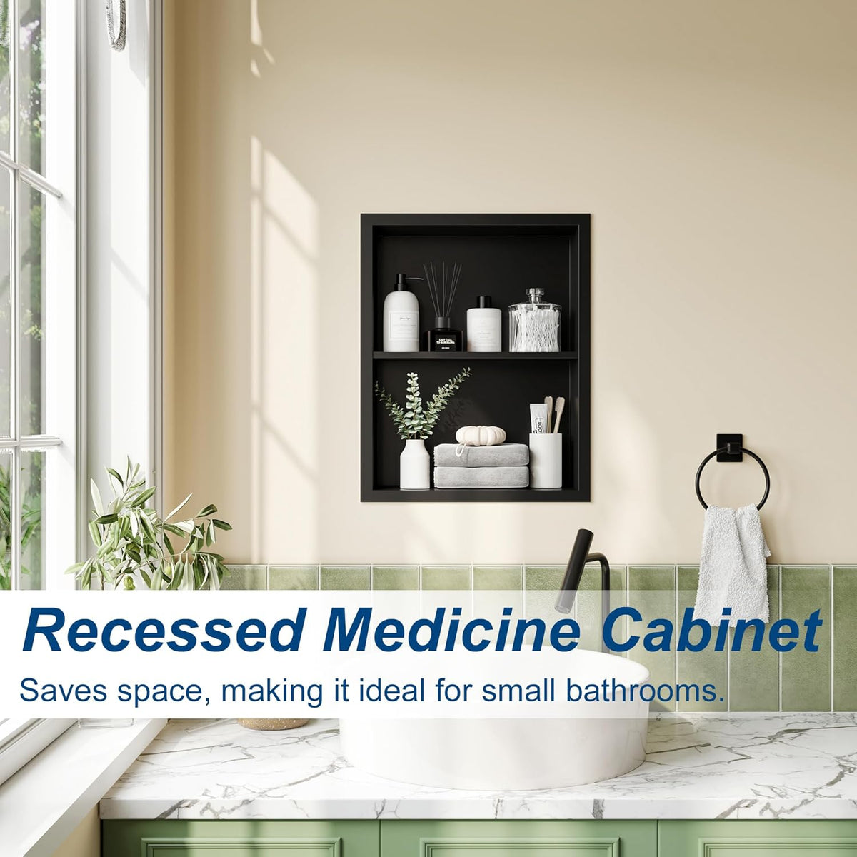 Qeke 14x18 Medicine Cabinet Recessed, Medicine Cabinet Without Mirror, 304 Stainless Steel Medicine Wall Niche with Double Shelves, Matte Black