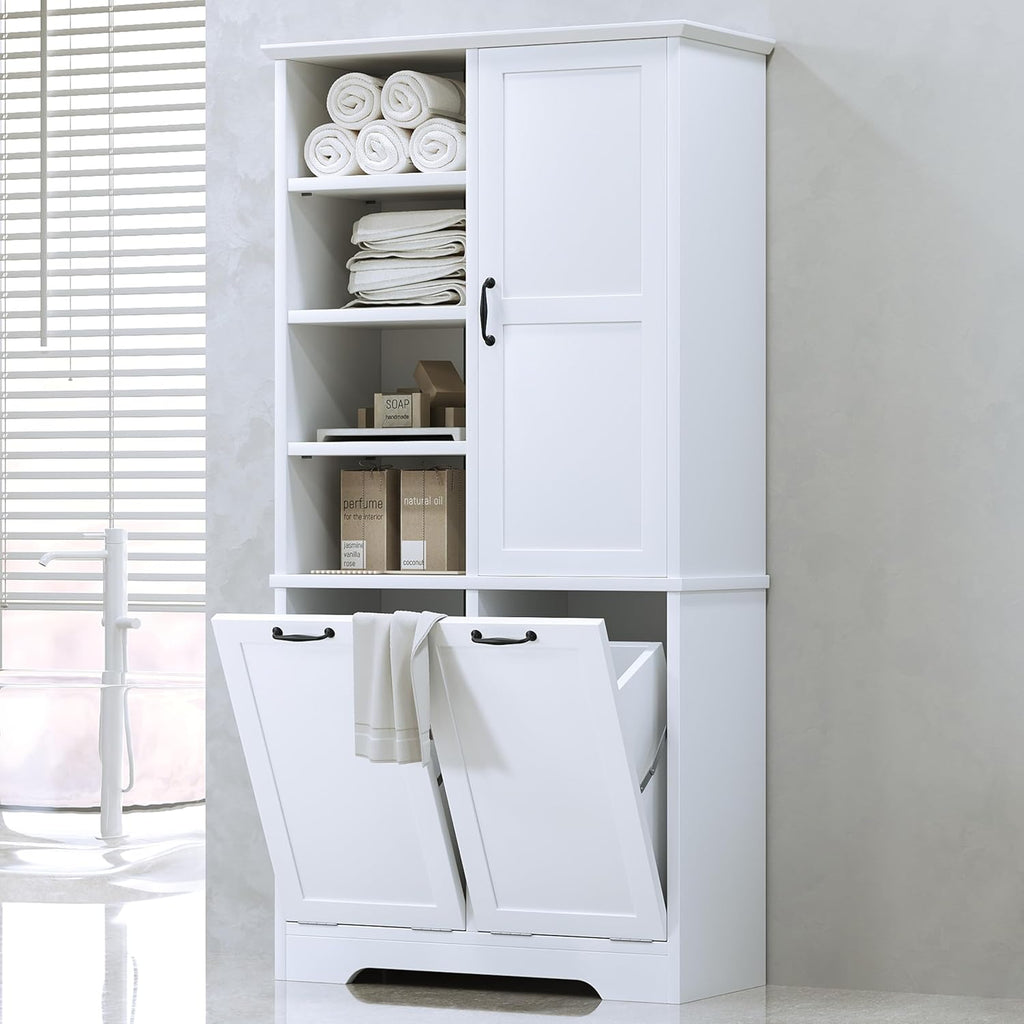 Merax Cabinet with Tilt-Out Laundry Hamper Basket, Tall Bathroom Storage Organizer Linen with Open Shelf for Home, Freestanding, White
