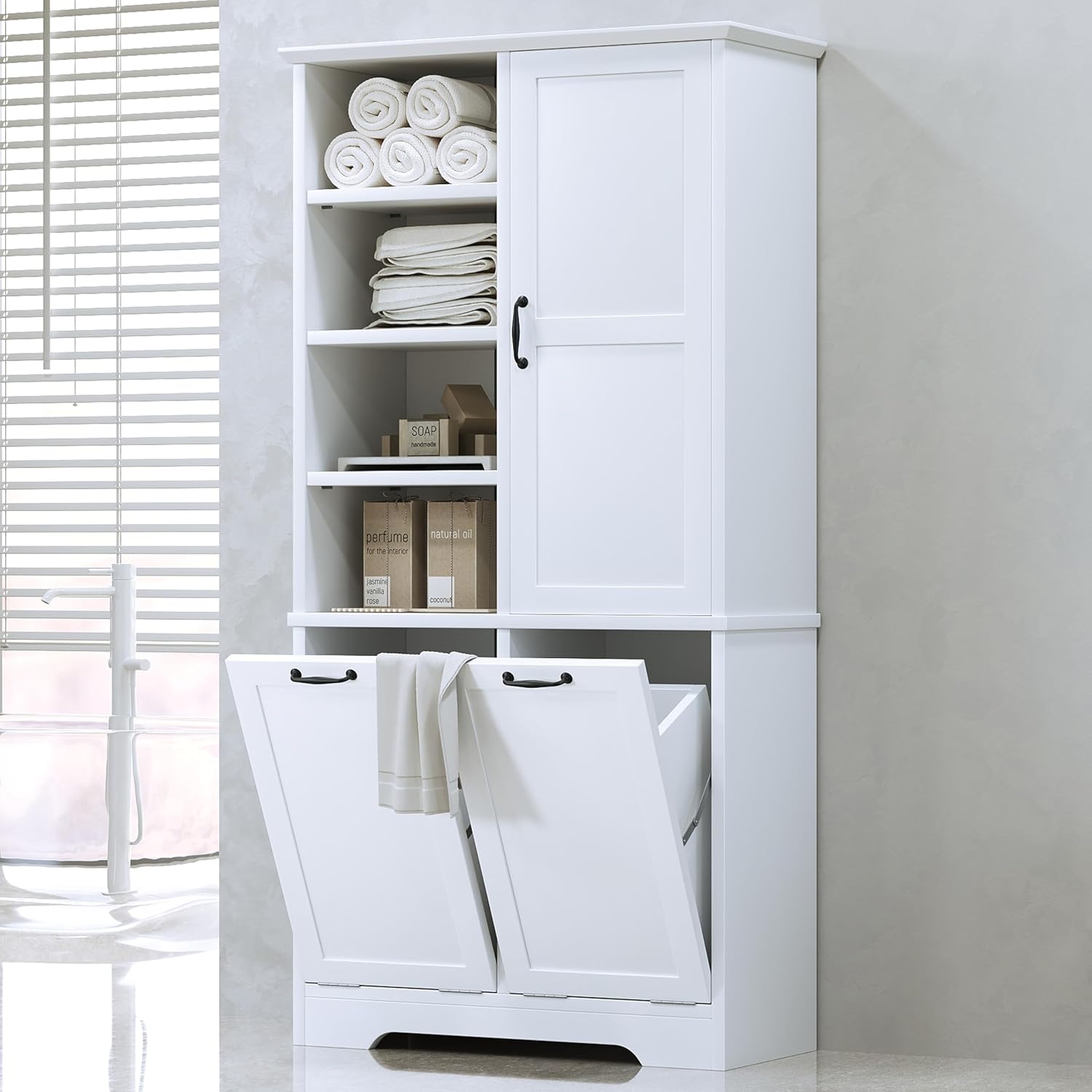Merax Cabinet with Tilt-Out Laundry Hamper Basket, Tall Bathroom Storage Organizer Linen with Open Shelf for Home, Freestanding, White