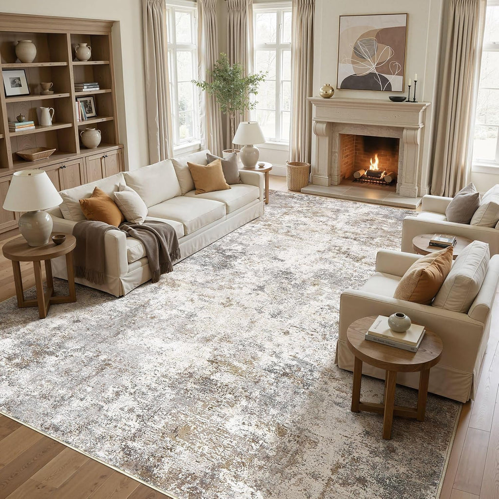 UERMEI 10x14 Area Rug Living Room Rugs - Washable Neutral Modern Abstract Soft Thin Large Rug Indoor Floor No Slip Rug Carpet for Bedroom Under Dining Table Home Office Decor - Brown Grey