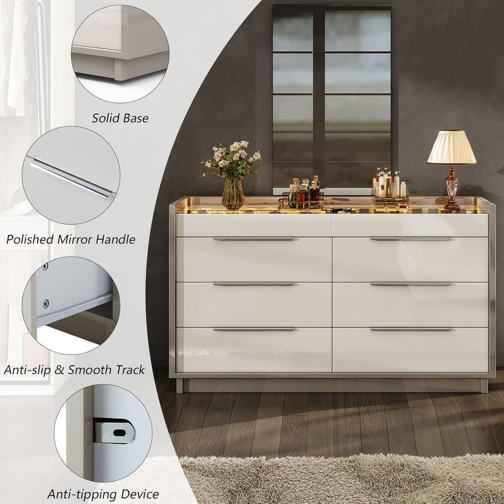 AMERLIFE 47.2" 8 Drawer Dresser with LED Light, Modern High Gloss Chest of Drawers with Glass Tabletop & 2 Six-Grid Jewelry Drawers, for Bedroom, Living Room, Dressing Room, Cream & Grey