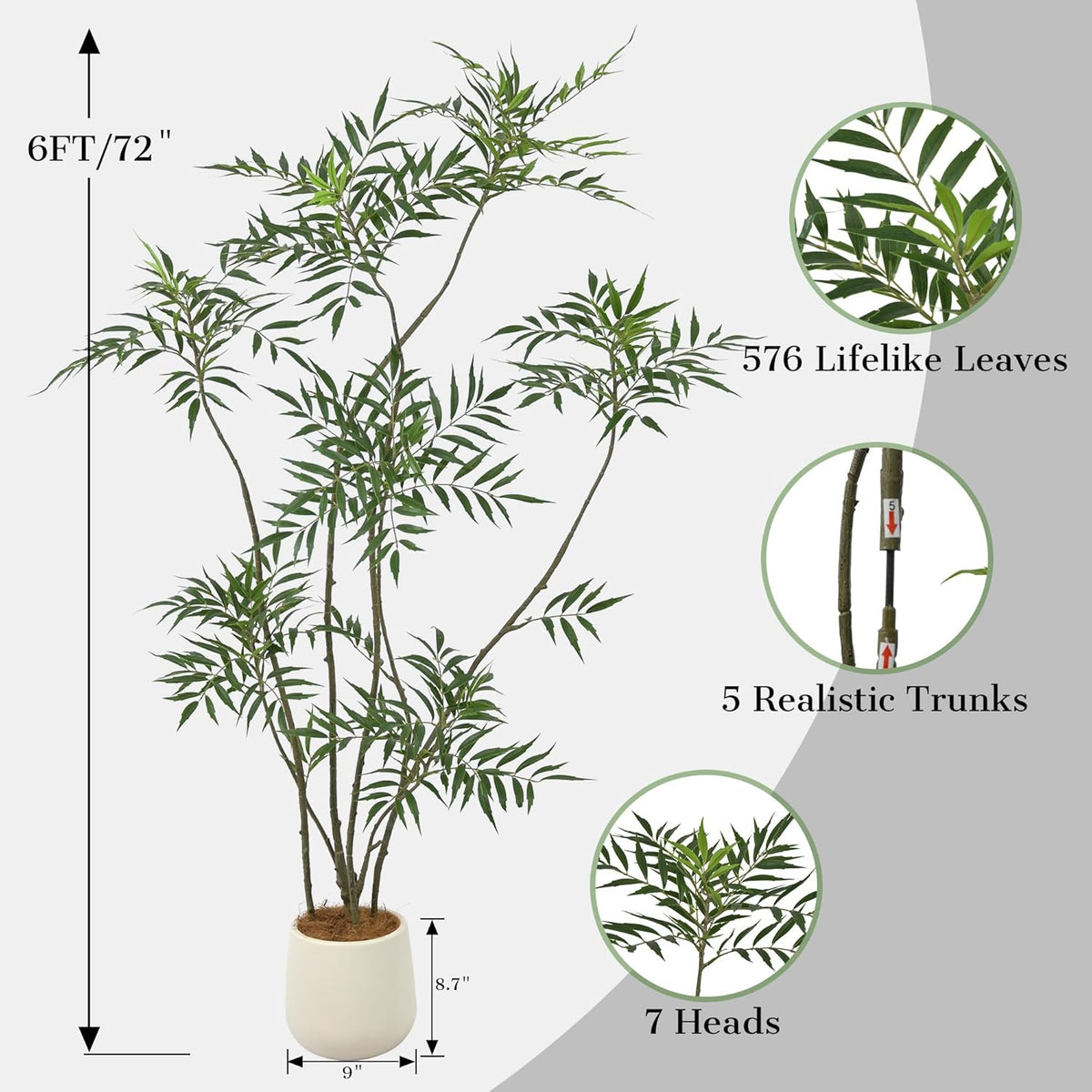 Artificial Mahonia Fortunei Tree 6FT - Faux Trees Indoor with 576 Lifelike Vivid Leaves and 7 Heads, 72" Tall Fake Potted Plant for Home Office Living Room Decor Housewarming Gift