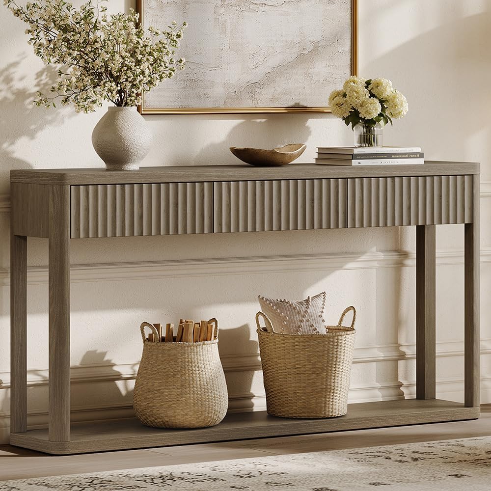 SICOTAS Entryway Table with Storage, 60.74" W Console Table with 3 Fluted Drawers and Shelf, Modern Narrow Long Accent Sofa Table Behind The Couch for Hallway, Entrance, Living Room, Foyer, Grey Alder