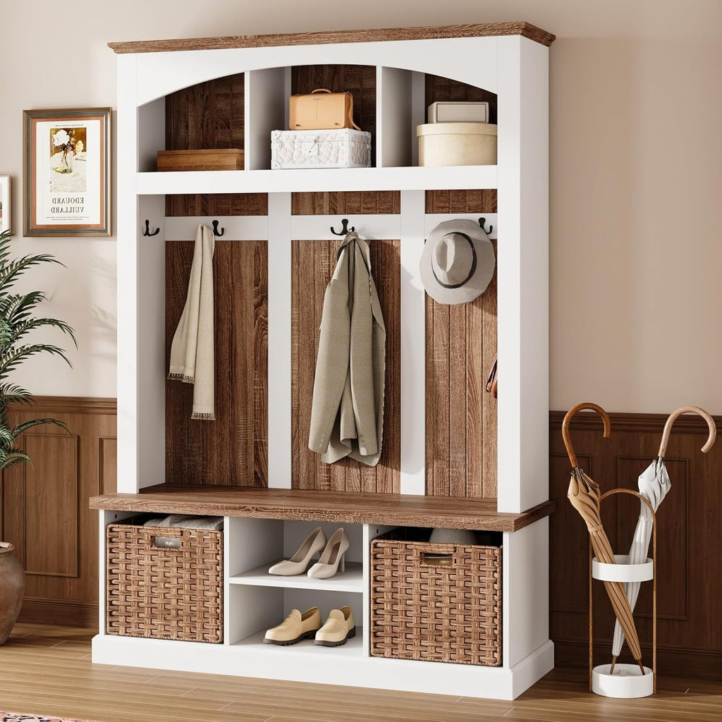 FUFU&GAGA Hall Tree with Bench and Shoe Storage, Entryway Bench with 5 Hooks, Farmhouse Arch Coat Rack with 2 Basket Drawers, Shelves for Mudroom Hallway, White & Brown, 47.2”W x 15.7”D x 66.9”H