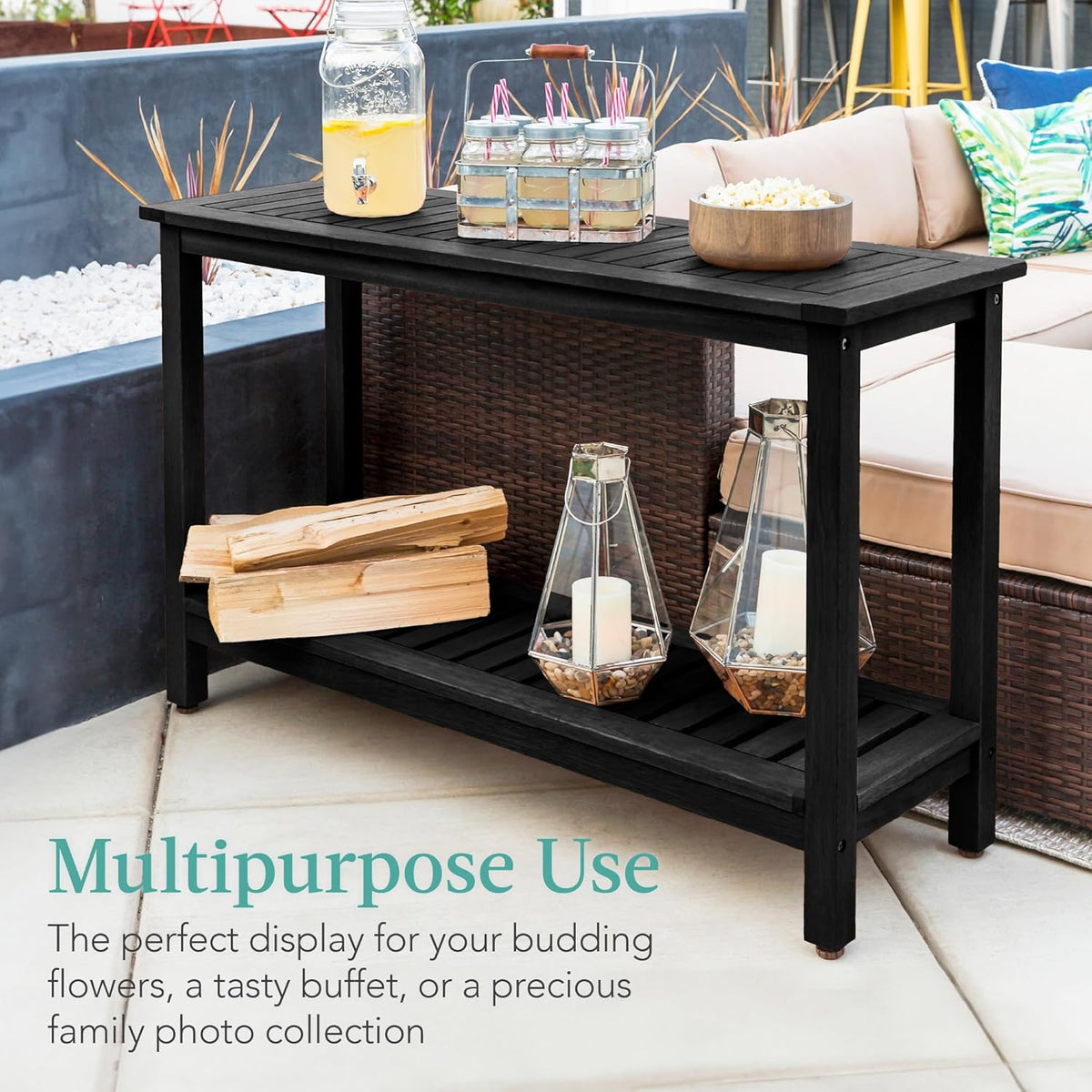 Best Choice Products 48in 2-Shelf Eucalyptus Wooden Console Table Indoor Outdoor Multifunctional Buffet Bar Storage Organizer w/Foot Sliders - Black