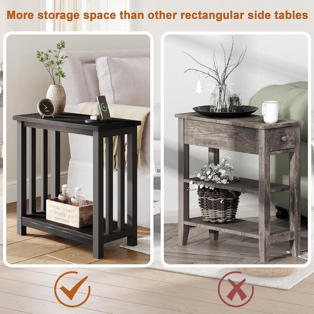 ChooChoo Mission End Tables Set of 2, Narrow Side Tables for Small Spaces, Night Stands with Storage Shelf for Living Room and Bedroom, Black