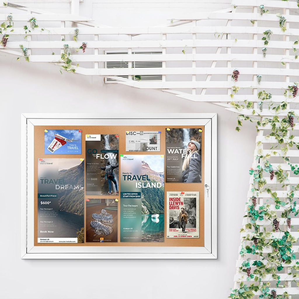 SWANCROWN Outdoor Enclosed Cork Bulletin Board Weatherproof Display Cases Tamperproof Notice Poster Memo Board with Aluminum Frame, 37x28 inches