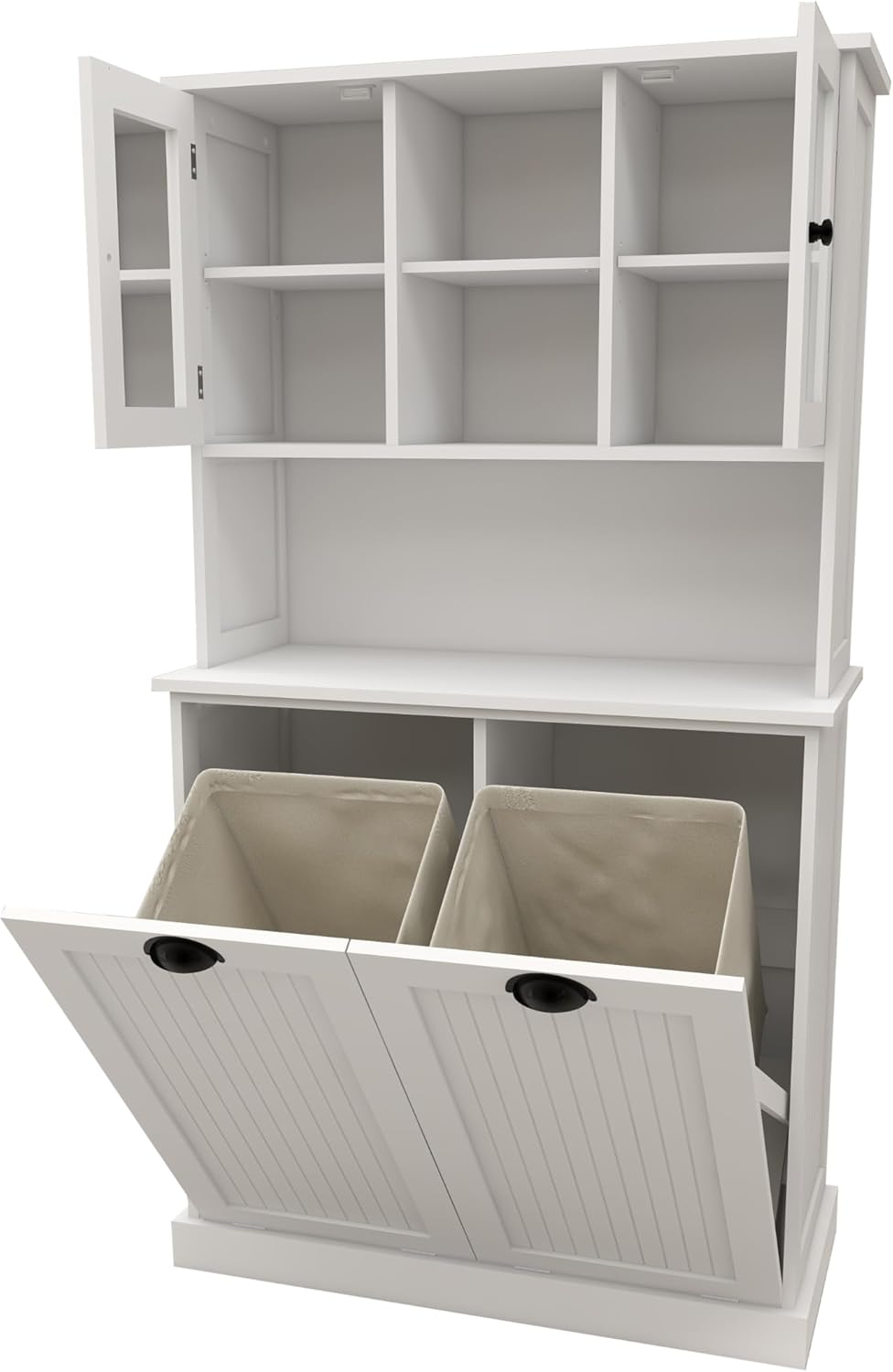 Tilt-Out Laundry Hamper Cabinet with Glass Doors – 60” Tall Bathroom Storage Organizer, 2 Pull-Out Baskets, Adjustable Shelves, Fits Bathroom & Balcony (White)