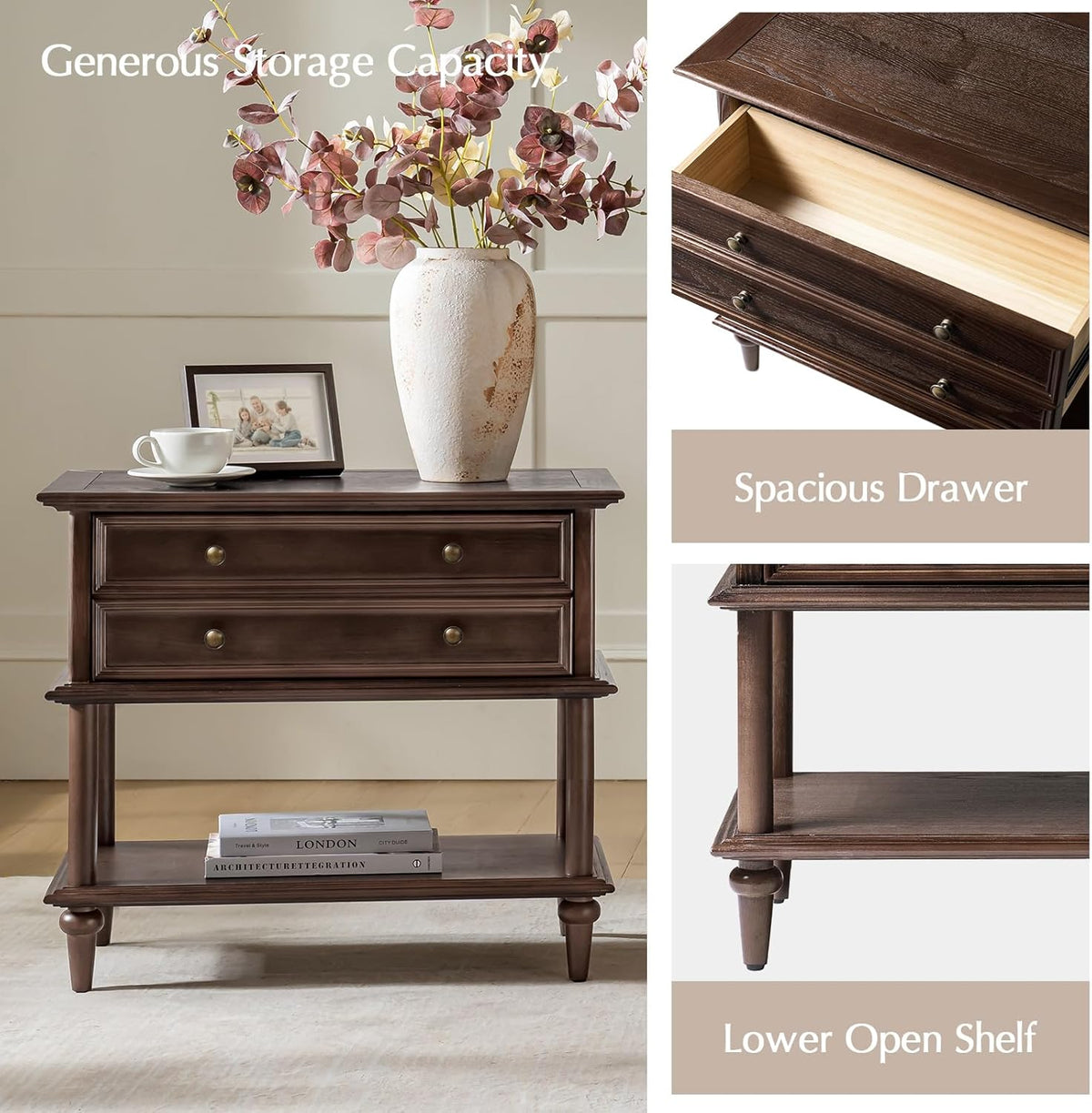 HULALA HOME Farmhouse Nightstand Set of 2 with Drawer & Open Shelf, Natural Wood End Table with Solid Wood Legs, 28.4'' Wide Sofa Side Table with Charging Station(Walnut)