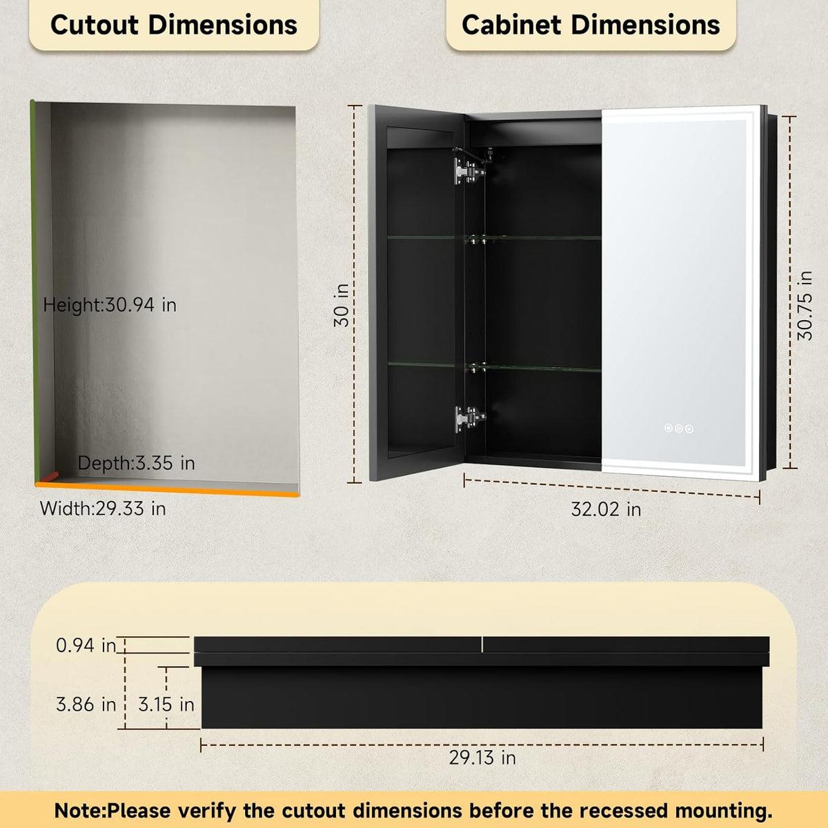 30"x32" Lighted Bathroom Medicine Cabinet, LED Medicine Cabinet Mirror with Electrical Outlet & USB Port, Defogger and Dimmable 3 Colors Adjustment, Aluminum Door Frame-Recessed/Wall Mounted