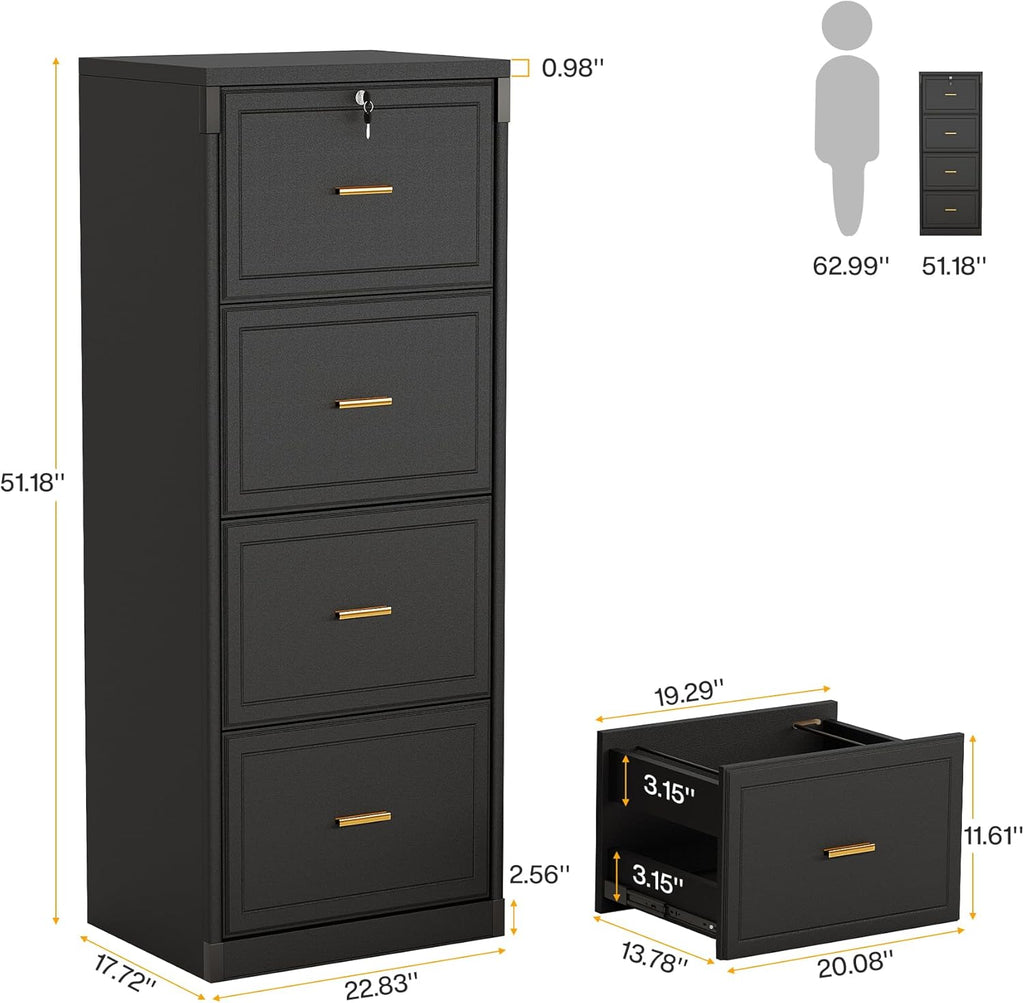 Tribesigns 4-Drawer File Cabinet with Lock, Locked File Cabinet with Key, Tall Wooden Filing Cabinets for Home Office, Vertical Office Storage for Legal Size/Letter/A4/Files, Black