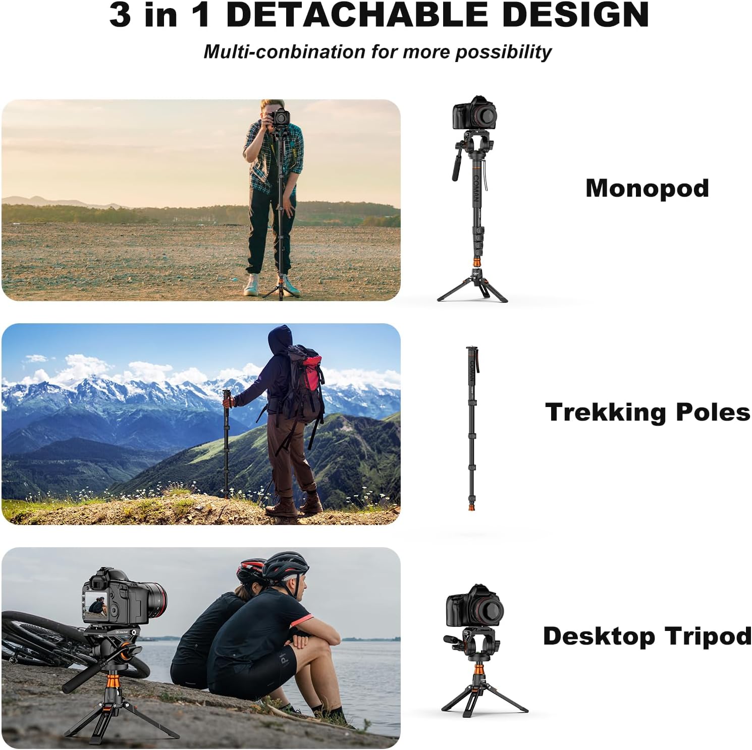 Professional Camera Monopod with Feet, 73.2 inch Aluminum Portable Travel Video Monopod with Removable Tripod Stand Base, Max Load 22 Lbs, New Q6 Fluid Head for DJI RS4 Manfrotto, KX3232Q6