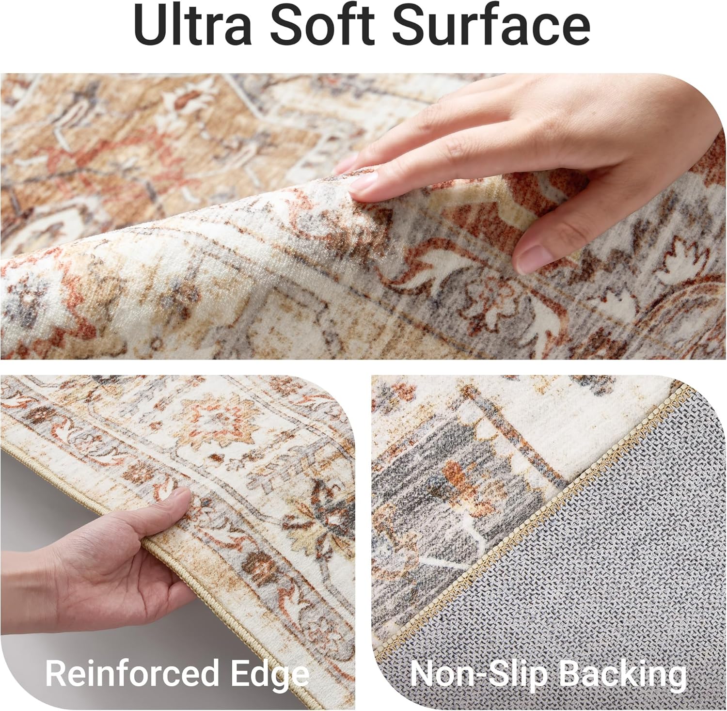 befbee 10x14 Area Rugs,Ultra-Thin Washable Rugs for Living Room,Non-Slip Lightweight Foldable Area Rug,Stain Resistant Vintage Large Rugs (Turmeric/Grey, 10'x14')