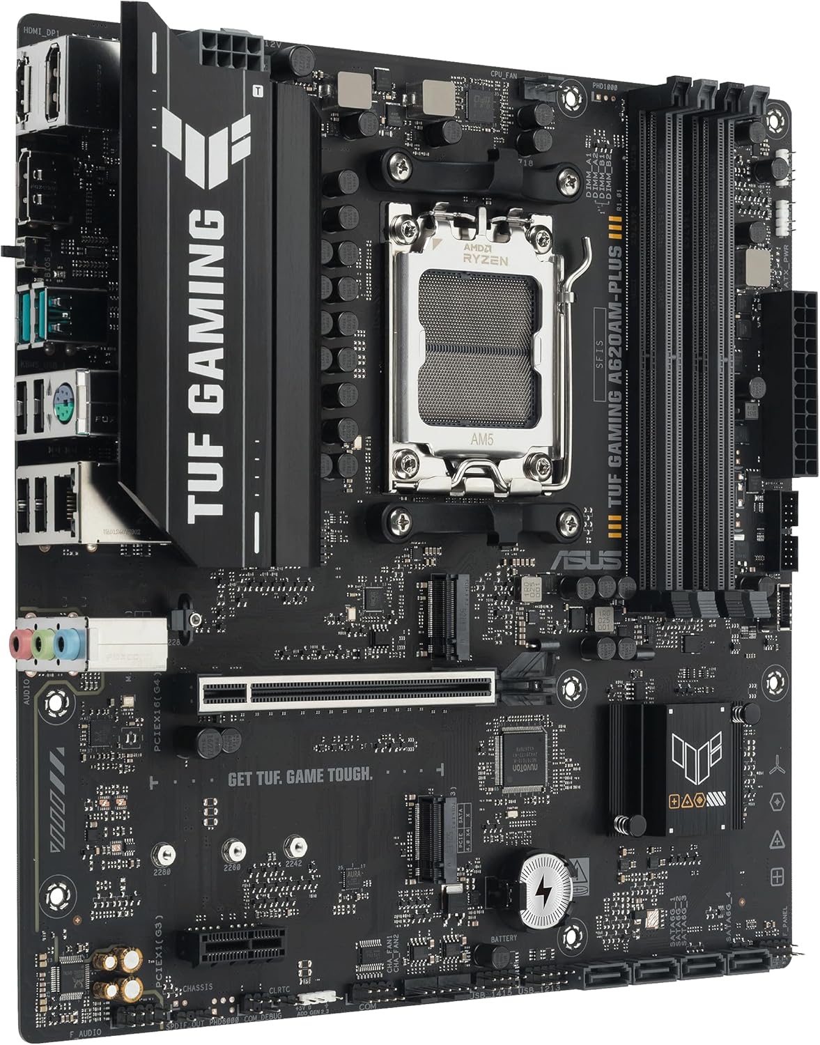 TUF Gaming A620AM-PLUS WiFi AMD A620A mATX Motherboard, 8+2+1 Power Stages, DDR5, PCIe 4.0, Dual M.2 Slots, WiFi 6, 2.5Gb Ethernet, Dual DisplayPort, HDMI, Rear USB-A 10Gbps, Front USB-C 10Gbps