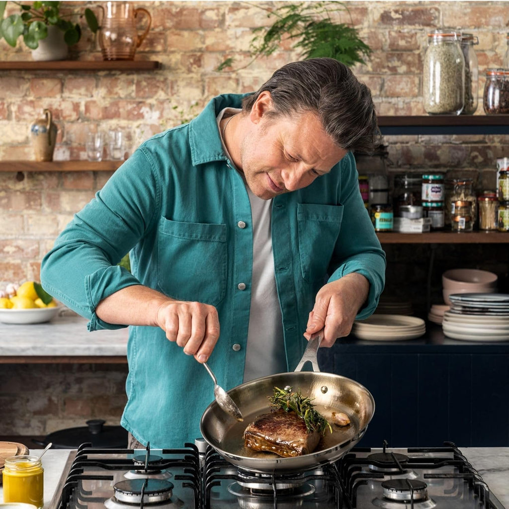 Jamie Oliver by T-fal Cook Smart 10-Piece Cookware Set, Uncoated Stainless Steel, Robust, Fast Heating, Even Cooking, Riveted Handle, Induction safe, Oven and dishwasher safe
