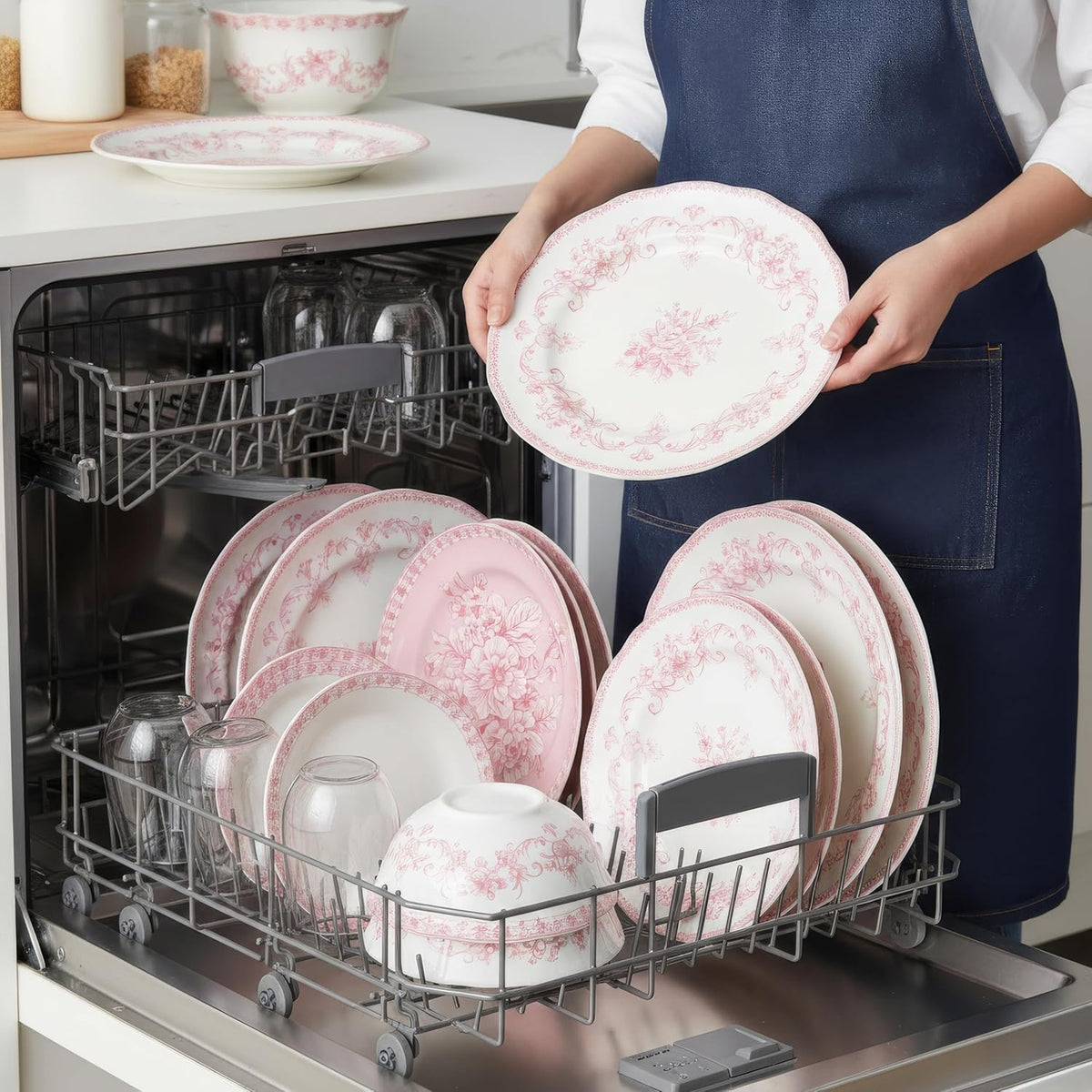 222 Fifth Genevieve 12-Piece Pink Porcelain Dinnerware Set | Microwave and Dishwasher Safe Big Dinner Plates and Bowls Sets for 4 | Chip-Resistant Blush Ceramic | Gifts for Housewarming & Wedding