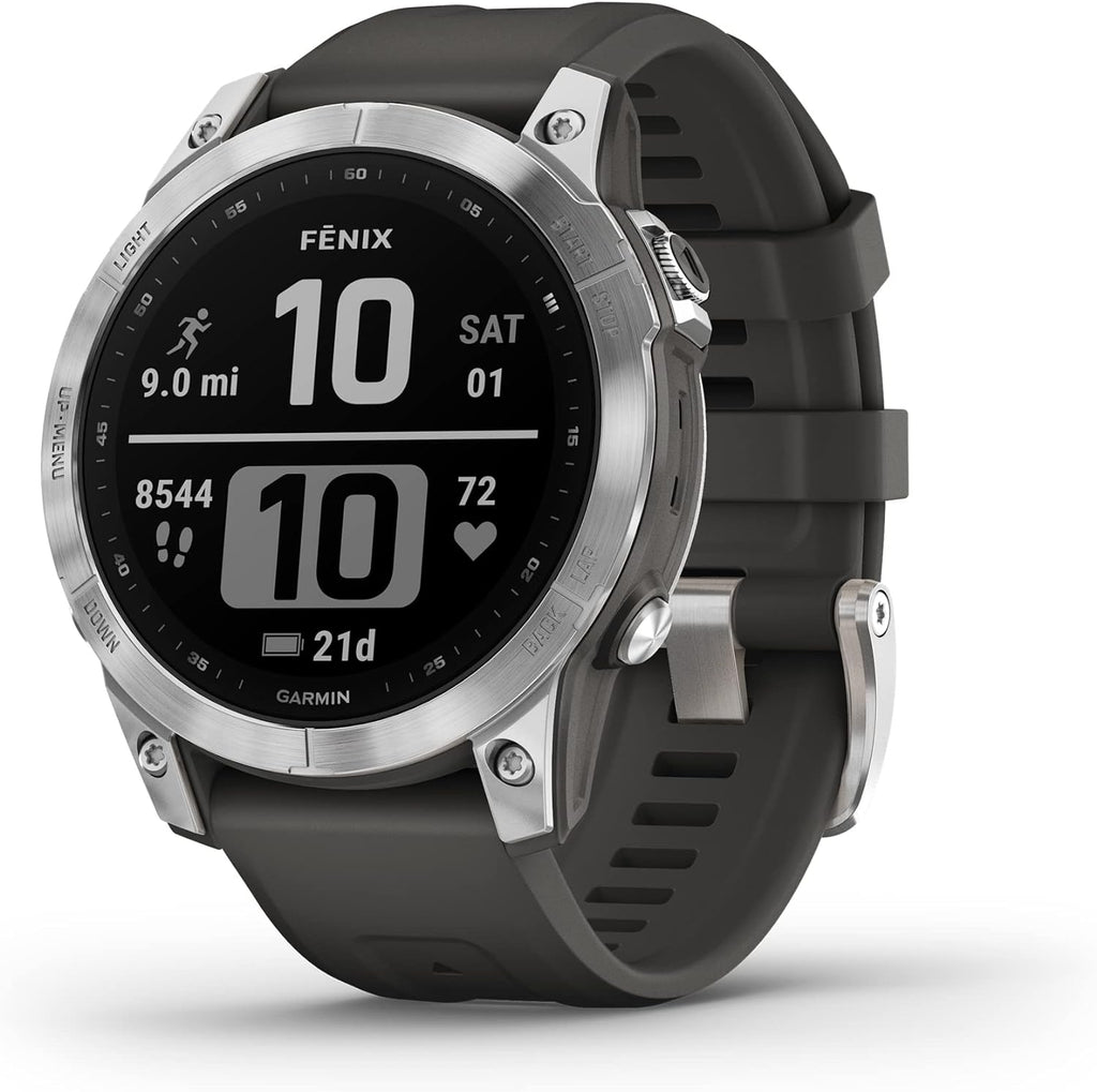 Garmin 010-02540-00 fenix 7, adventure smartwatch, rugged outdoor watch with GPS, touchscreen, health and wellness features, silver with graphite band (Renewed)