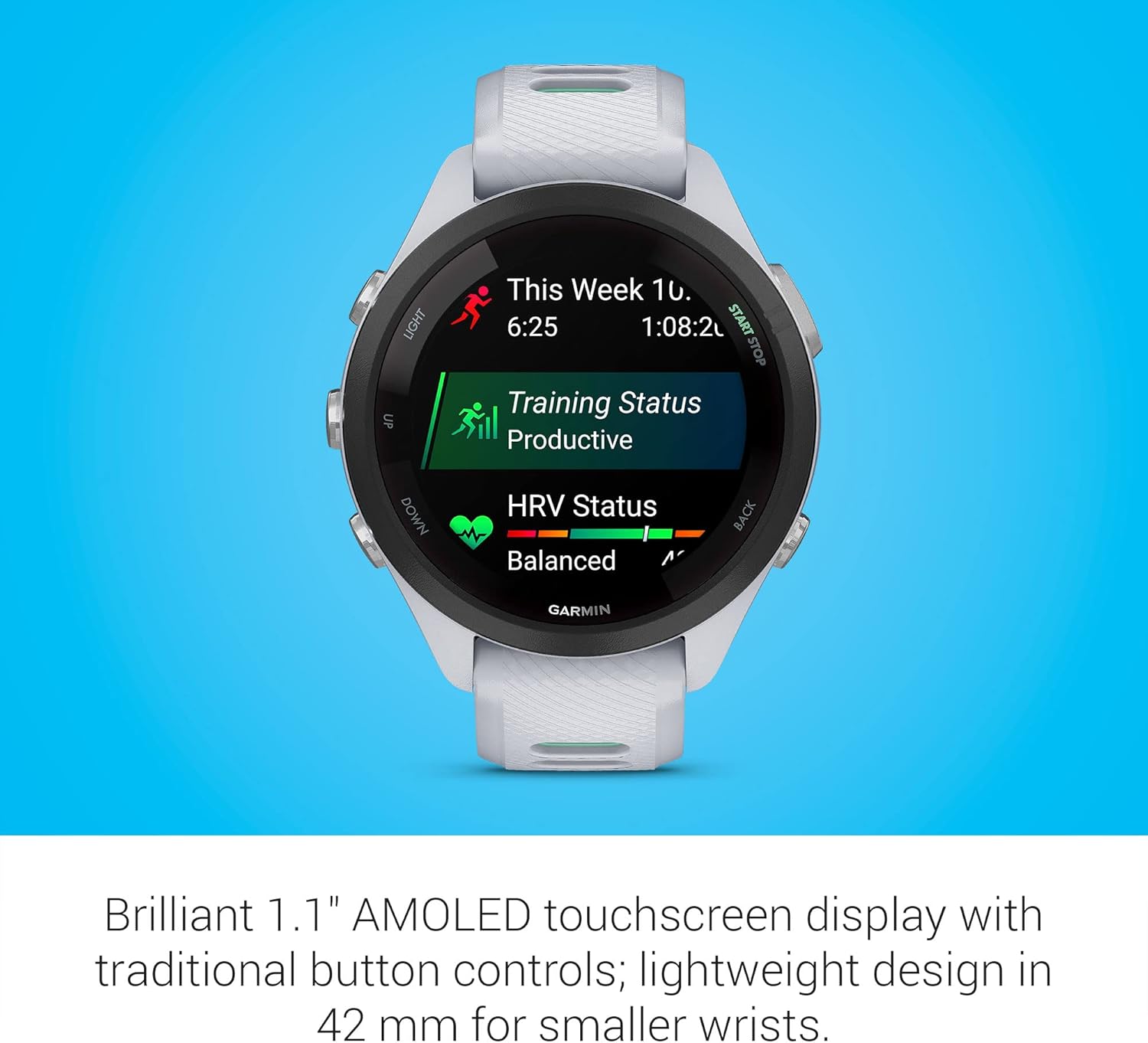Garmin Forerunner 265S Running Smartwatch, Colorful AMOLED Display, Training Metrics and Recovery Insights, Whitestone and Neo Tropic