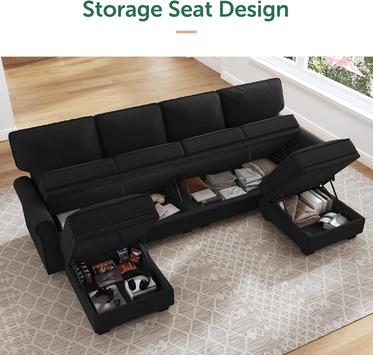HONBAY Sectional Sofa with Storage Seat Velvet U Shaped Couch with Reversible Chaise Convertible Sectional Couches for Living Room,Black Velvet