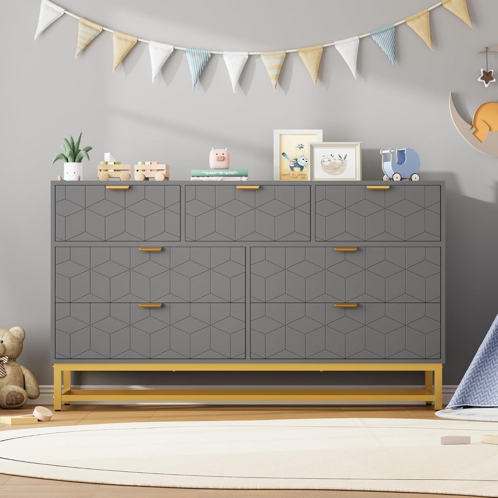 IDEALHOUSE Grey 7 Drawer Dresser for Bedroom, 53.5” Large Dresser with Metal Legs, Modern Chest Organizer with Wide Storage, Chest of Drawers for Bedroom, Living Room, Entryway
