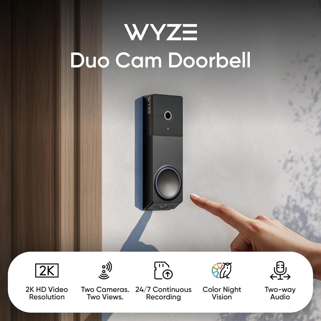 WYZE Wireless Duo Cam Video Doorbell (Chime Included), Battery Powered, 2K Full HD Video, 2 Cameras (People and Package), 2-Way Audio, Color Night Vision