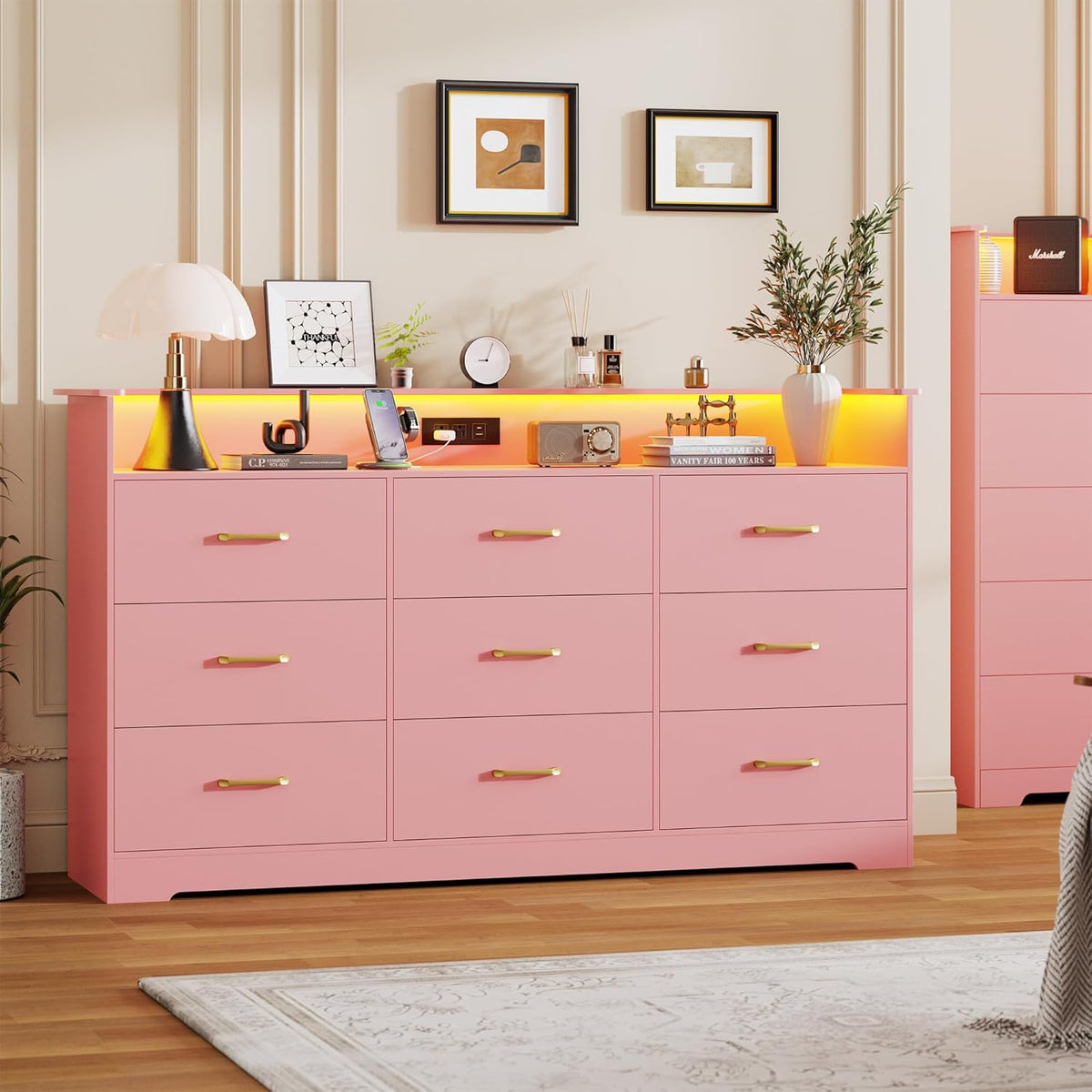 Garvee 9 Drawer Dresser for Bedroom - 65” Wide Chest of Drawers with LED Light and Charging Station, Modern Large TV Stand Cabinet Organizer with Open Shelf for Living Room, Entryway, Hallway, Pink