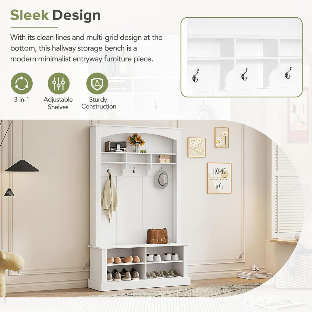 Hall Tree with Bench Shoe Storage Entryway Coat Rack 47.2'' Wide Multi-Functional 3 Hanging Hooks Open Space Rectangle Shelves Farmhouse Boho Furniture Organizer Hallway