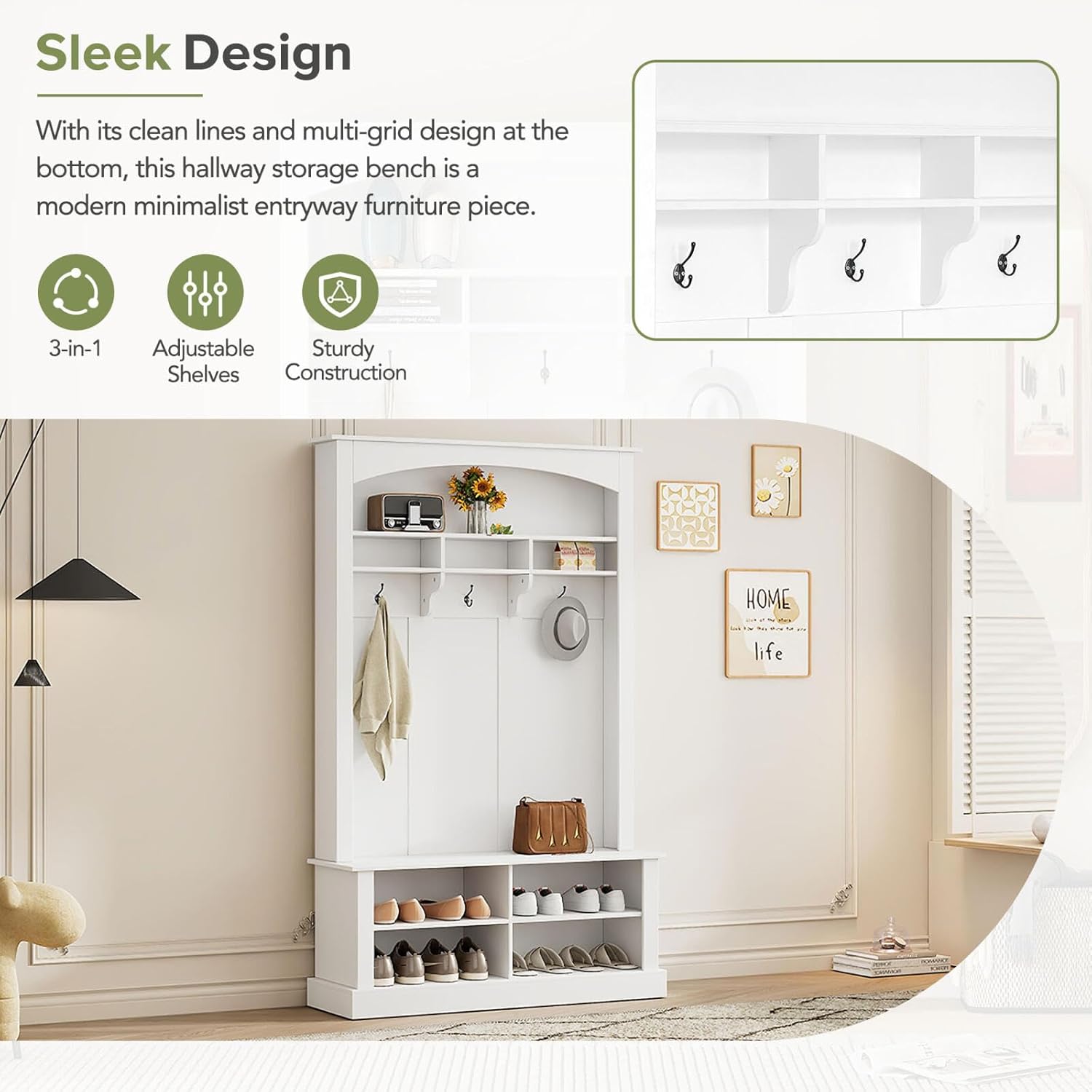 Hall Tree with Bench Shoe Storage Entryway Coat Rack 47.2'' Wide Multi-Functional 3 Hanging Hooks Open Space Rectangle Shelves Farmhouse Boho Furniture Organizer Hallway