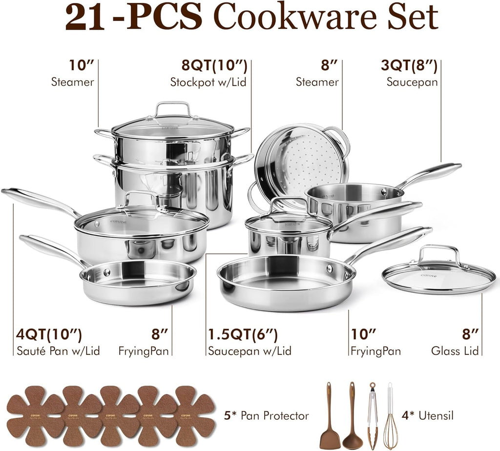 CAROTE 21pcs Tri-Ply Stainless Steel Cookware Set, Pots and Pans Set, Non Toxic Induction Kitchen Cooking Sets, Cookware Collection, Mirror Polish, Silver, Mothers Day Gifts