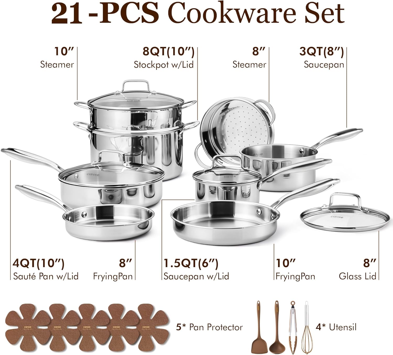 CAROTE 21pcs Tri-Ply Stainless Steel Cookware Set, Pots and Pans Set, Non Toxic Induction Kitchen Cooking Sets, Cookware Collection, Mirror Polish, Silver, Mothers Day Gifts