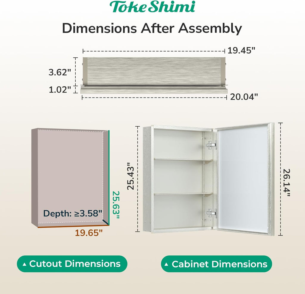 TokeShimi 20 x 26 Recessed Medicine Cabinet with Mirror, Assembly Required, Brushed Nickel Mirror Medicine Cabinet for Bathroom, Stepless Adjustable Shelves, Beveled Aluminum Frame, Tempered Glass