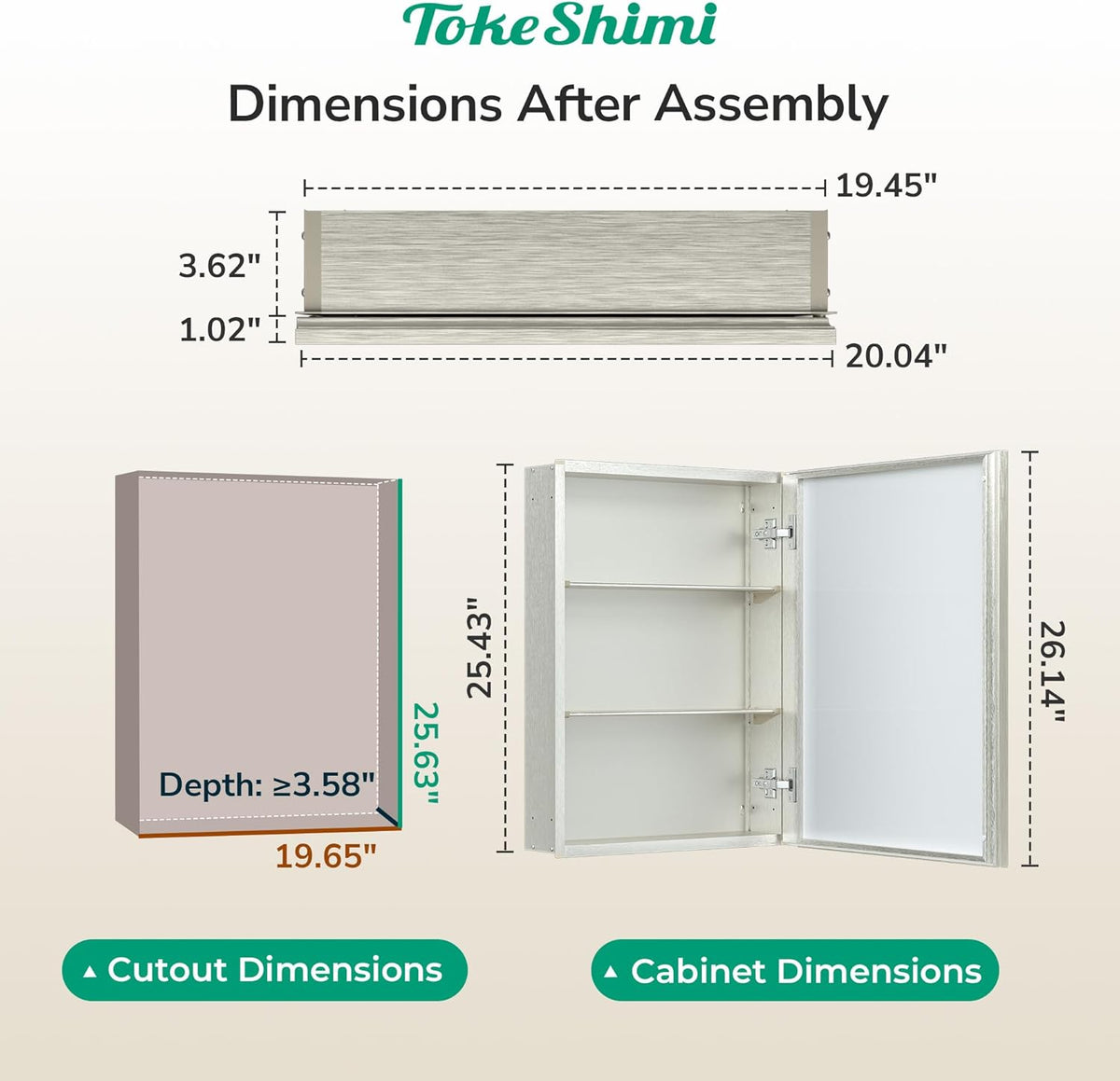 TokeShimi 20 x 26 Recessed Medicine Cabinet with Mirror, Assembly Required, Brushed Nickel Mirror Medicine Cabinet for Bathroom, Stepless Adjustable Shelves, Beveled Aluminum Frame, Tempered Glass