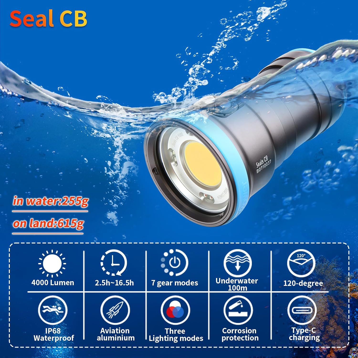 Seal CB 4000 Lumen Dive Light for Underwater Photography, 100m Underwater Video Light 94 CRI with 120 Degree Wide Beam Angle Scuba Flashlight for Professional Dive Photography Fill Light