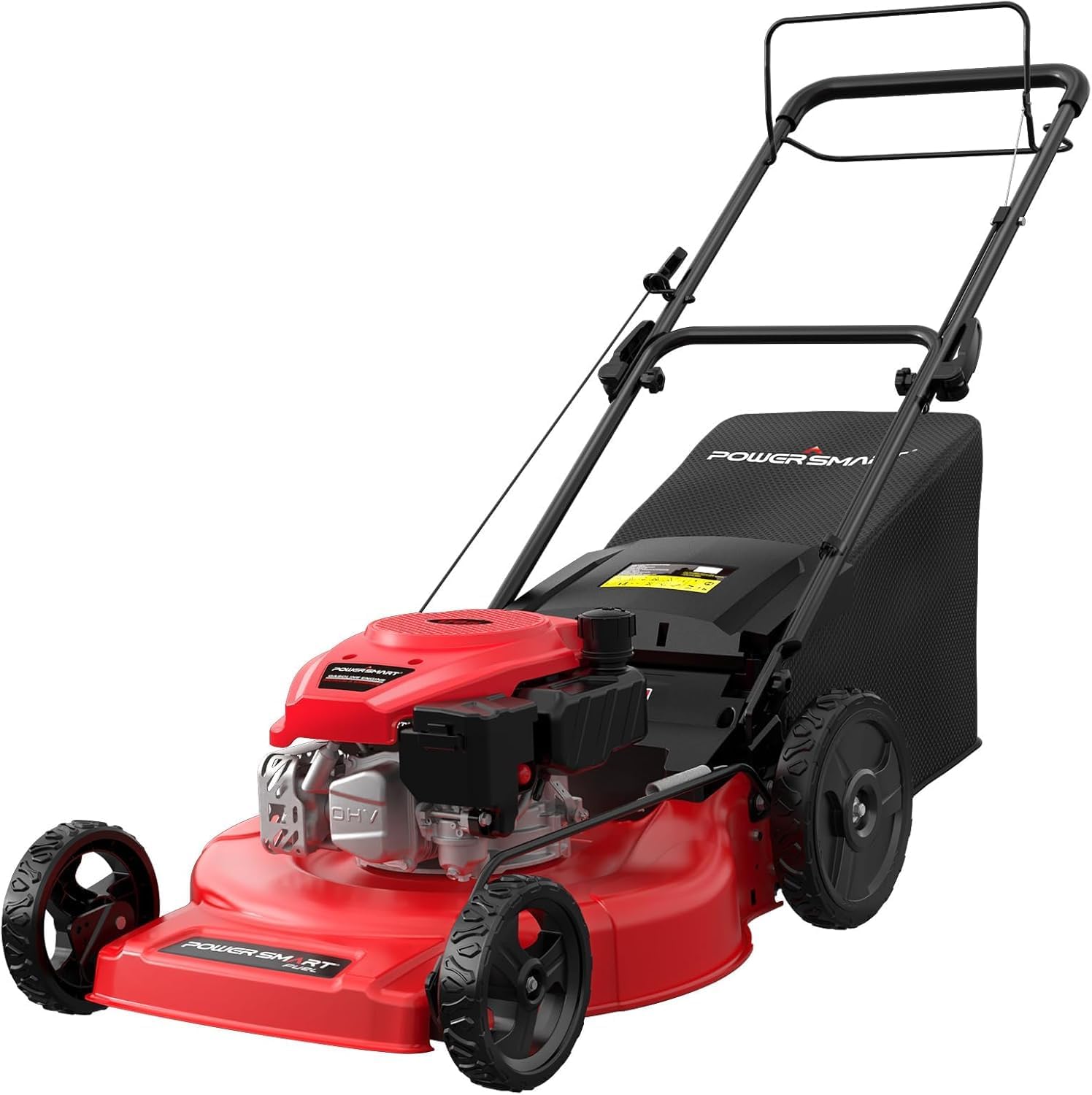PowerSmart Self Propelled Gas Lawn Mower, 22-inch with 170cc OHV Engine 2-in-1 Rear Wheel Drive, High Wheels, 6-Position Height Adjustment, Red