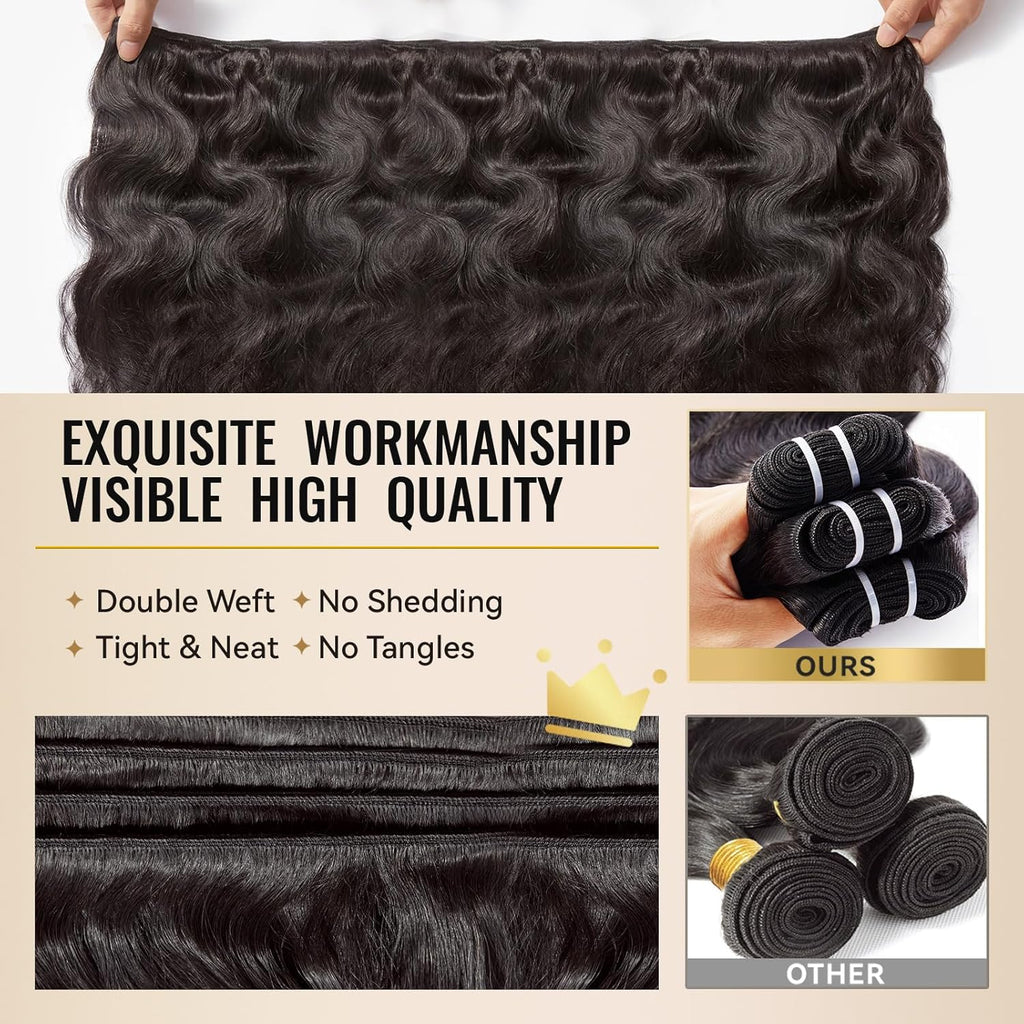 WEQUEEN Body Wave Bundles Human Hair 16A Brazilian Virgin Hair Bundles, Silky and Soft, 18 20 22 Inch Thick Weave Natural Black