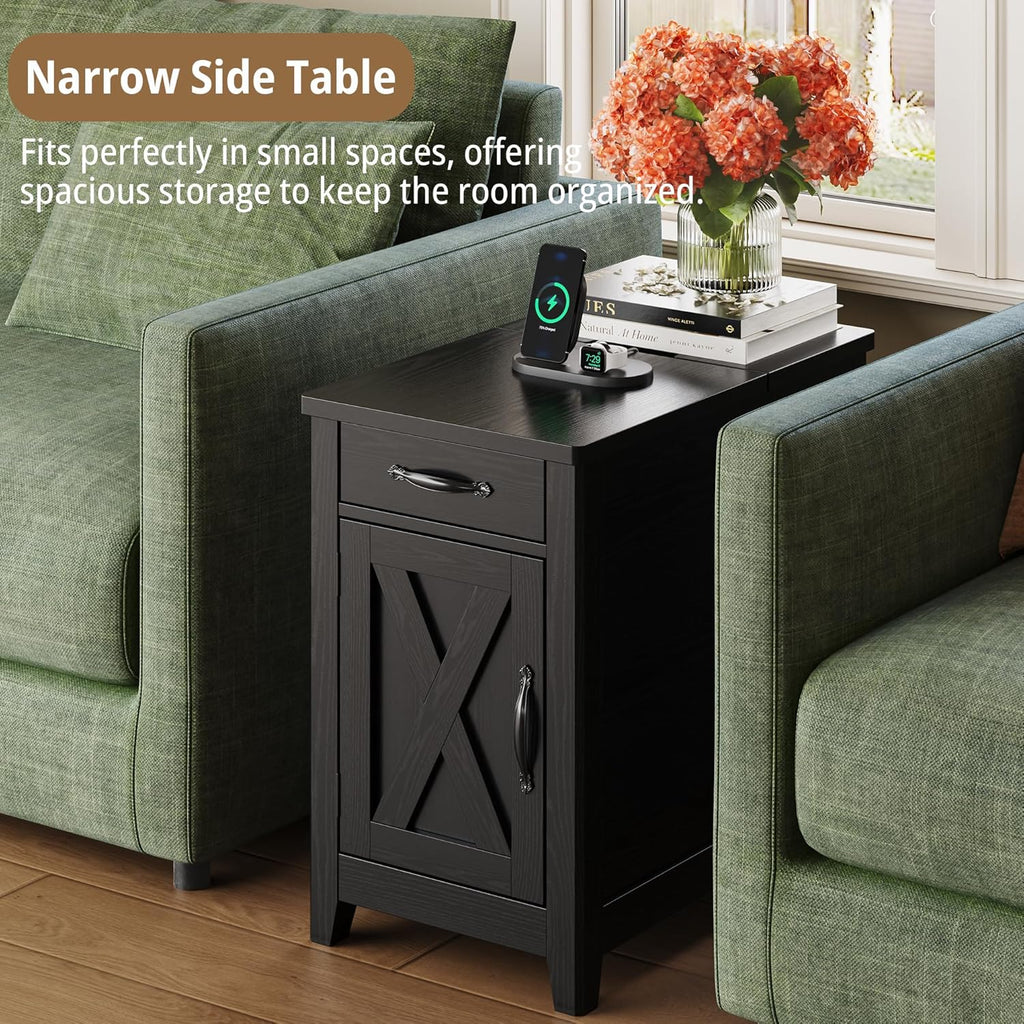 IRONCK End Table with Charging Station, Narrow Side Table for Living Room, Night Stand Set of 2 with Drawer and Cup Holder, Farmhouse Bedside Table with USB Ports and Outlets for Home, Black