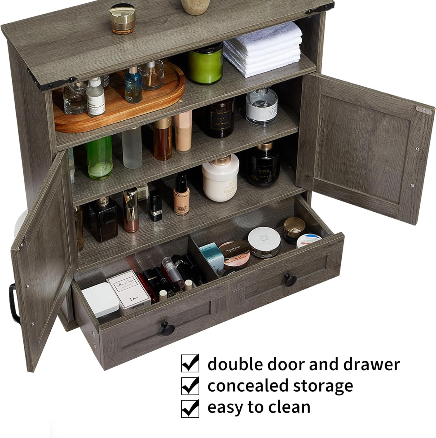 Wall Mounted Bathroom Cabinet with Barn Doors – 25" Wide Medicine Cabinet Over Toilet with Adjustable Shelf & Drawer, Hangging Storage Cabinet for Bathroom, Kitchen, Laundry, Entryway, Gray