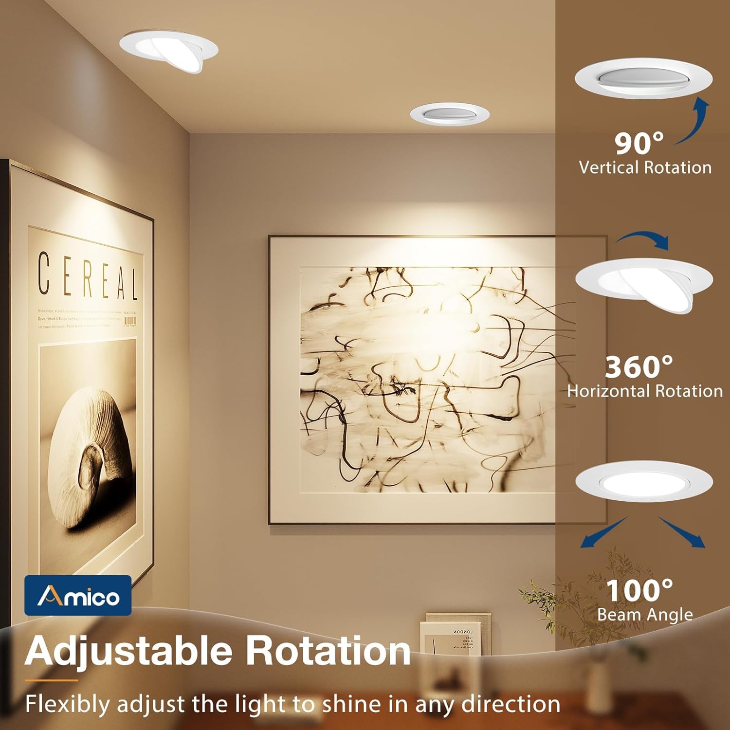 Amico 12 Pack 6 Inch 5CCT Gimbal LED Recessed Ceiling Light, 360°&90° Adjustable Eyeball Directional Can Lights, Dimmable Retrofit Wafer Downlight with Jbox, 12W 1200LM CRI90+, White, ETL&FCC