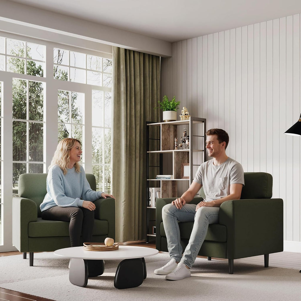 Garvee 38" Wide Sage Green Accent Chair, Modern Linen Upholstered Armchair with High-Density Foam, Comfy Reading & Lounge Chair for Living Room, Bedroom, Home Office & Reading Nook (Earthy Green Tone)