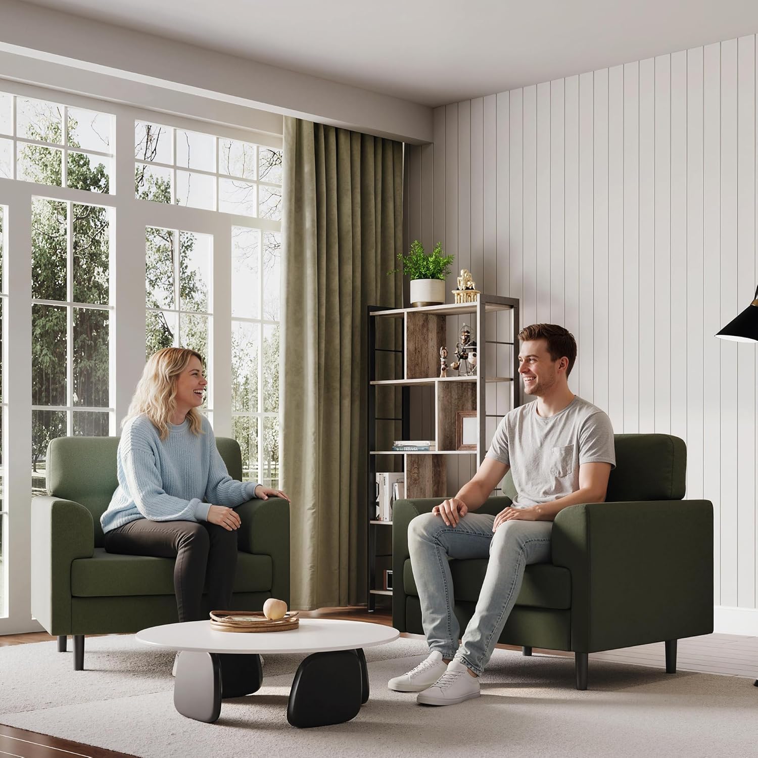 Garvee 38" Wide Sage Green Accent Chair, Modern Linen Upholstered Armchair with High-Density Foam, Comfy Reading & Lounge Chair for Living Room, Bedroom, Home Office & Reading Nook (Earthy Green Tone)