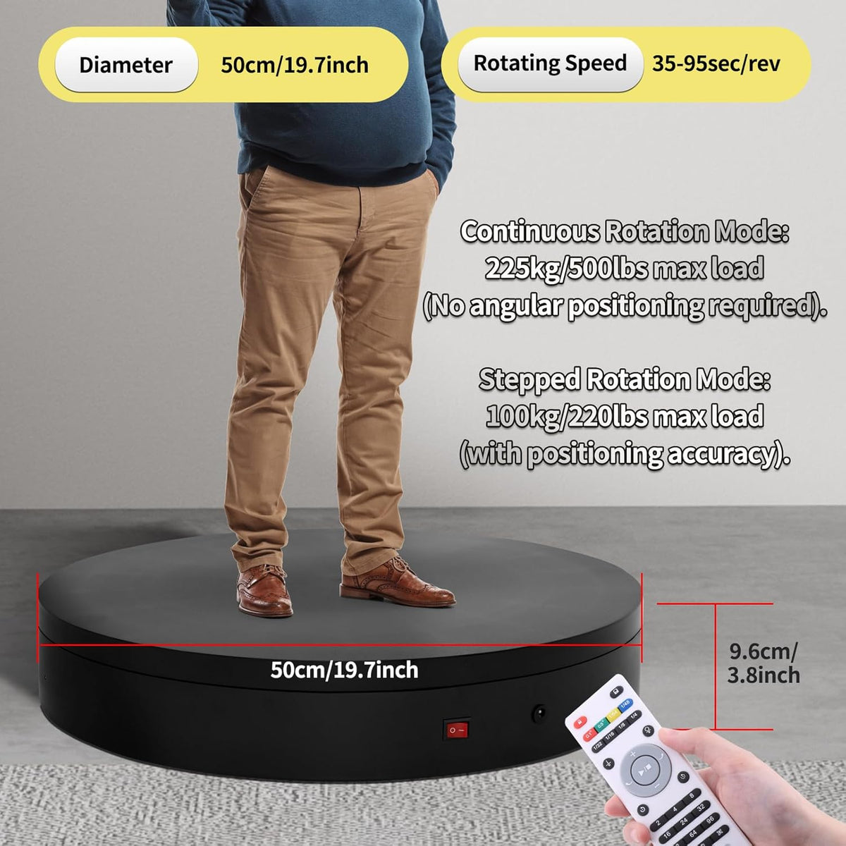 19.7In Remote Large Motorized electric turntable Rotating platform Photography Turntable Motorized lazy susan Base giratoria para for Photography,3D Scanner,Heavy duty display(Load Range:220~500lbs)